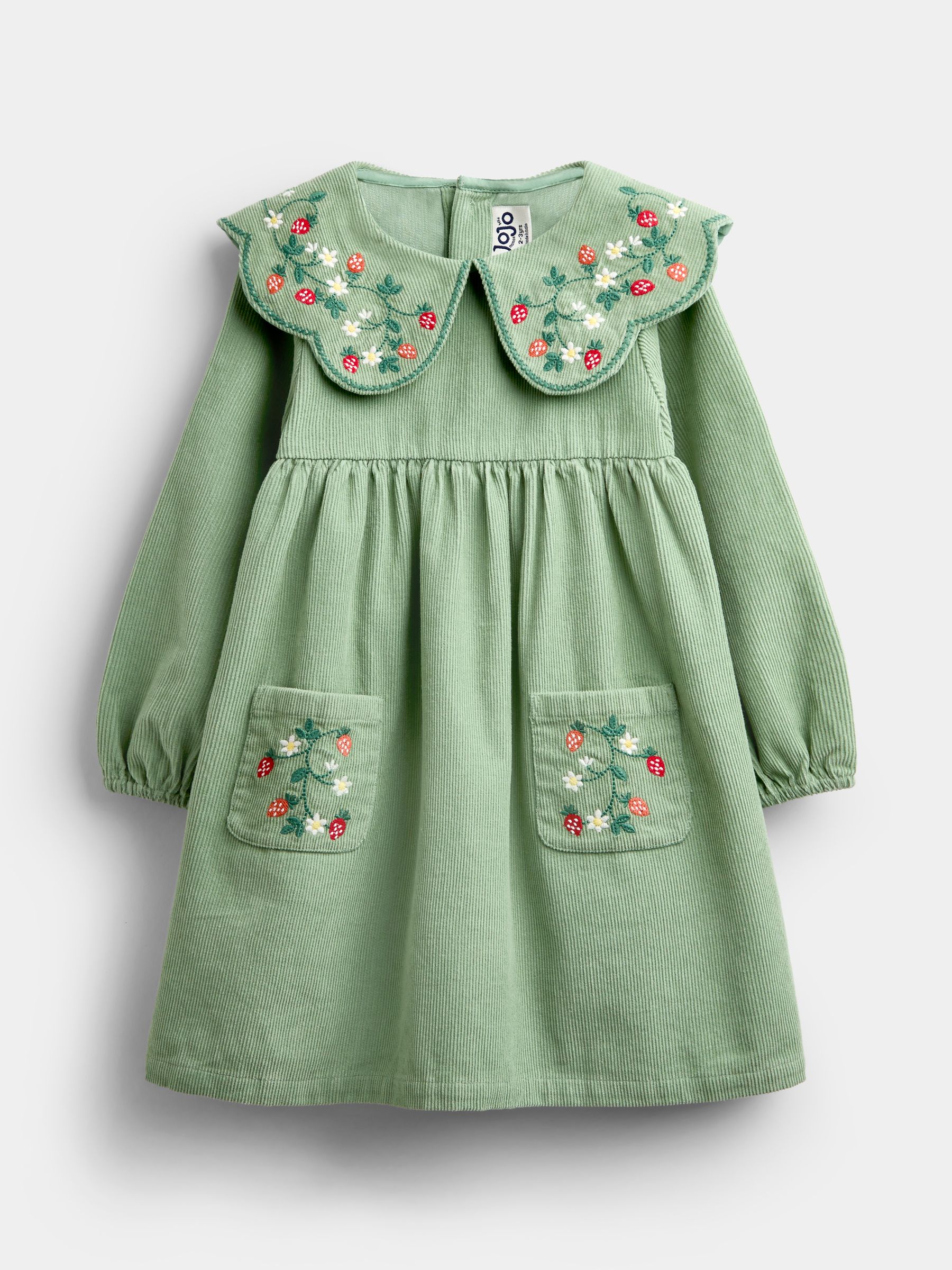Sage Green Strawberry Embroidered Collar Cord Dress - Image 1 of 4
