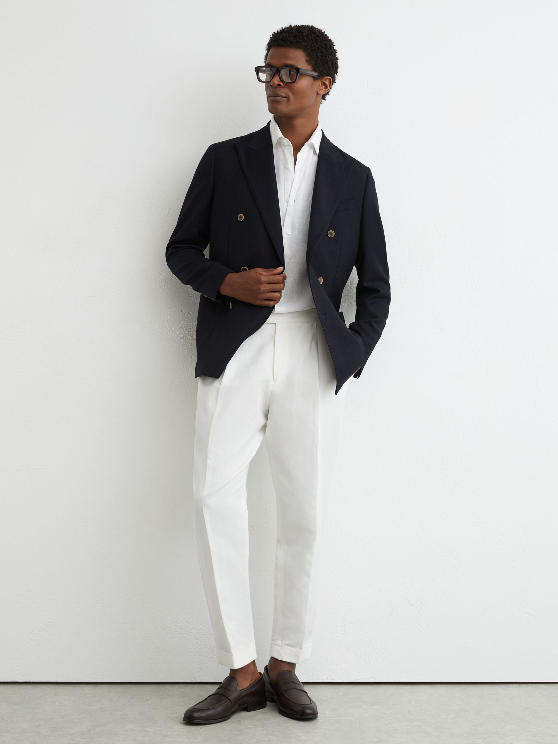 Wool Herringbone Double-Breasted Blazer Tailored-Fit in Navy - Image 1 of 9