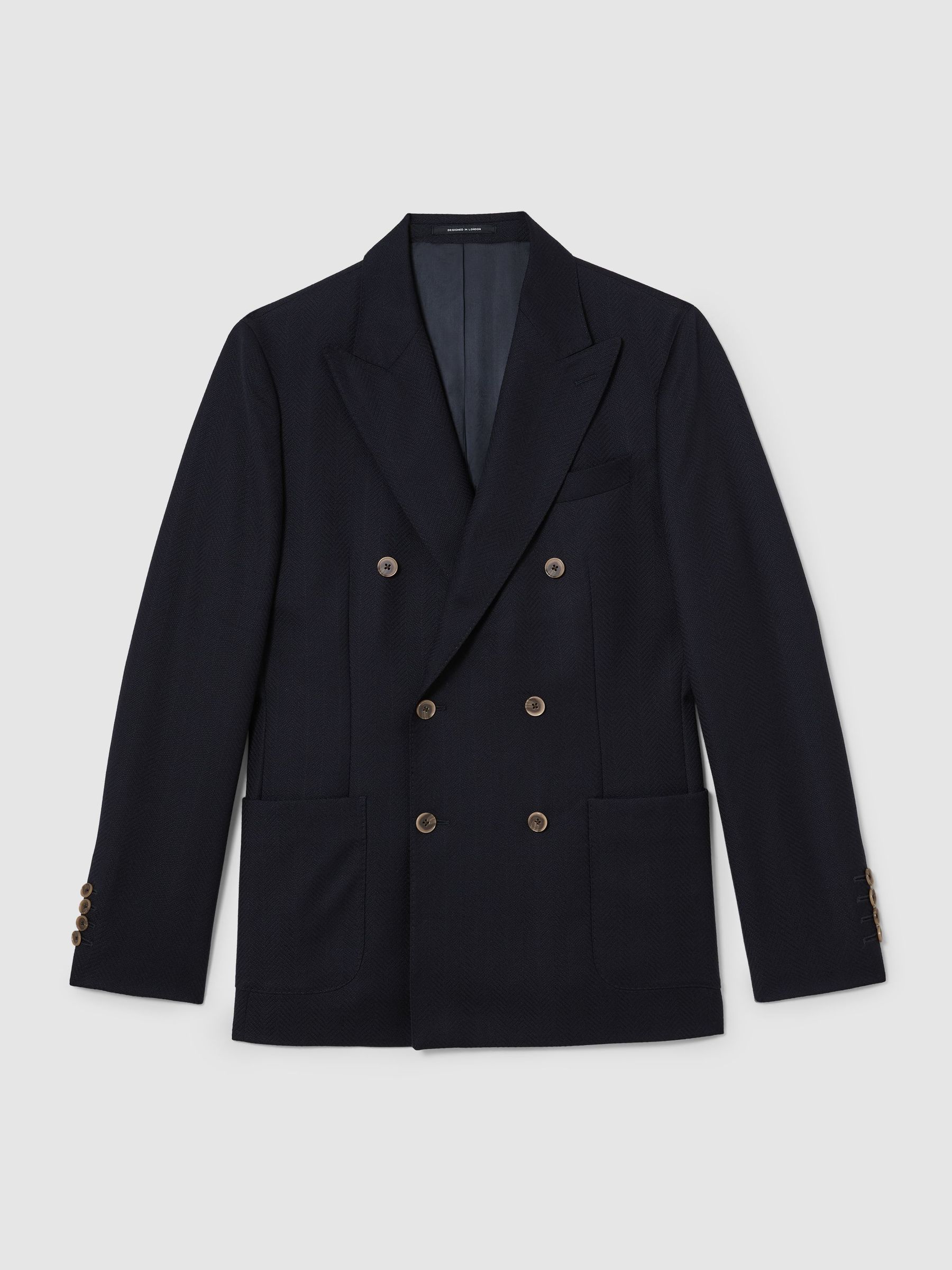 Wool Herringbone Double-Breasted Blazer Tailored-Fit in Navy - Image 2 of 9