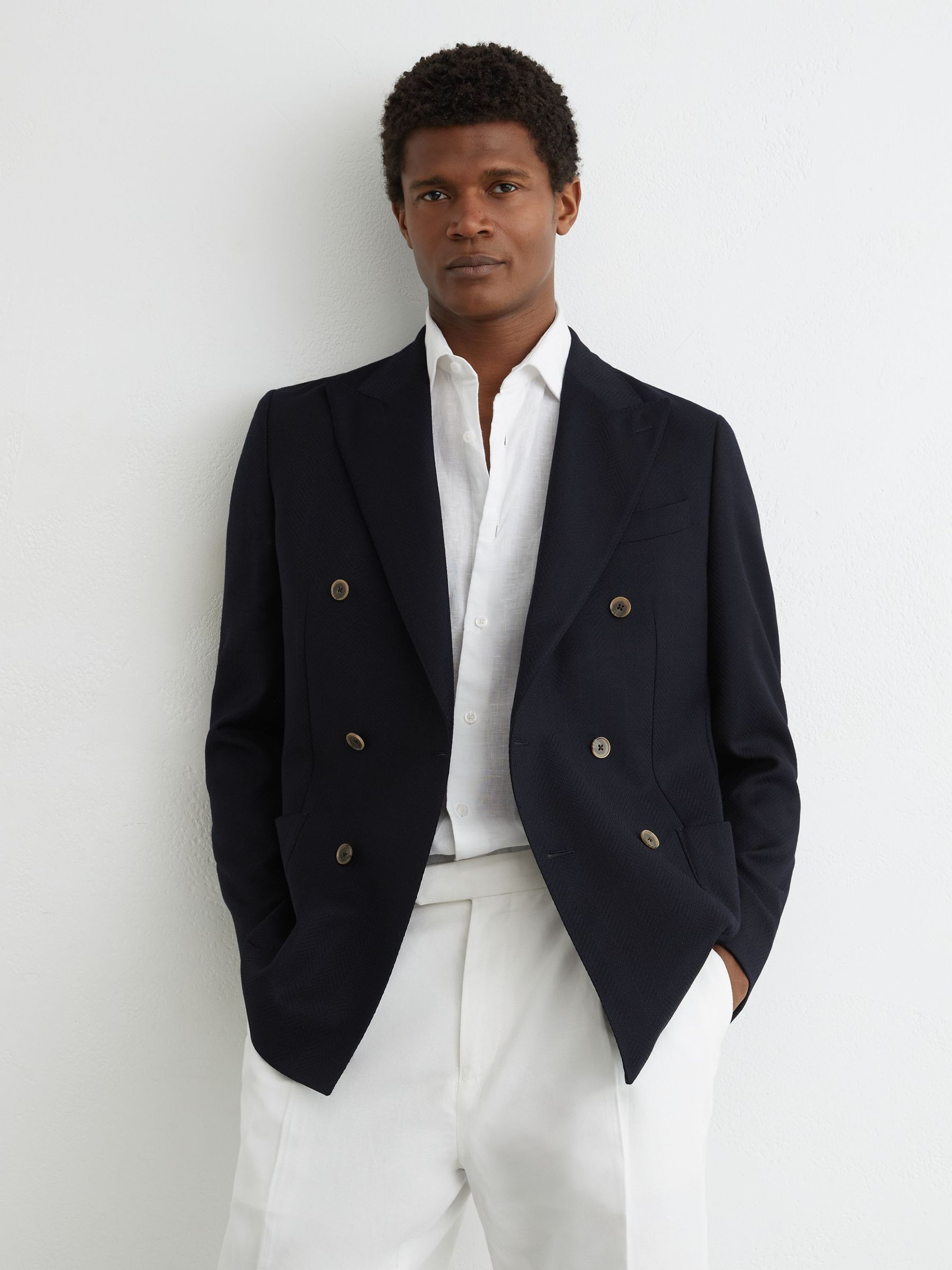 Wool Herringbone Double-Breasted Blazer Tailored-Fit in Navy - Image 3 of 9