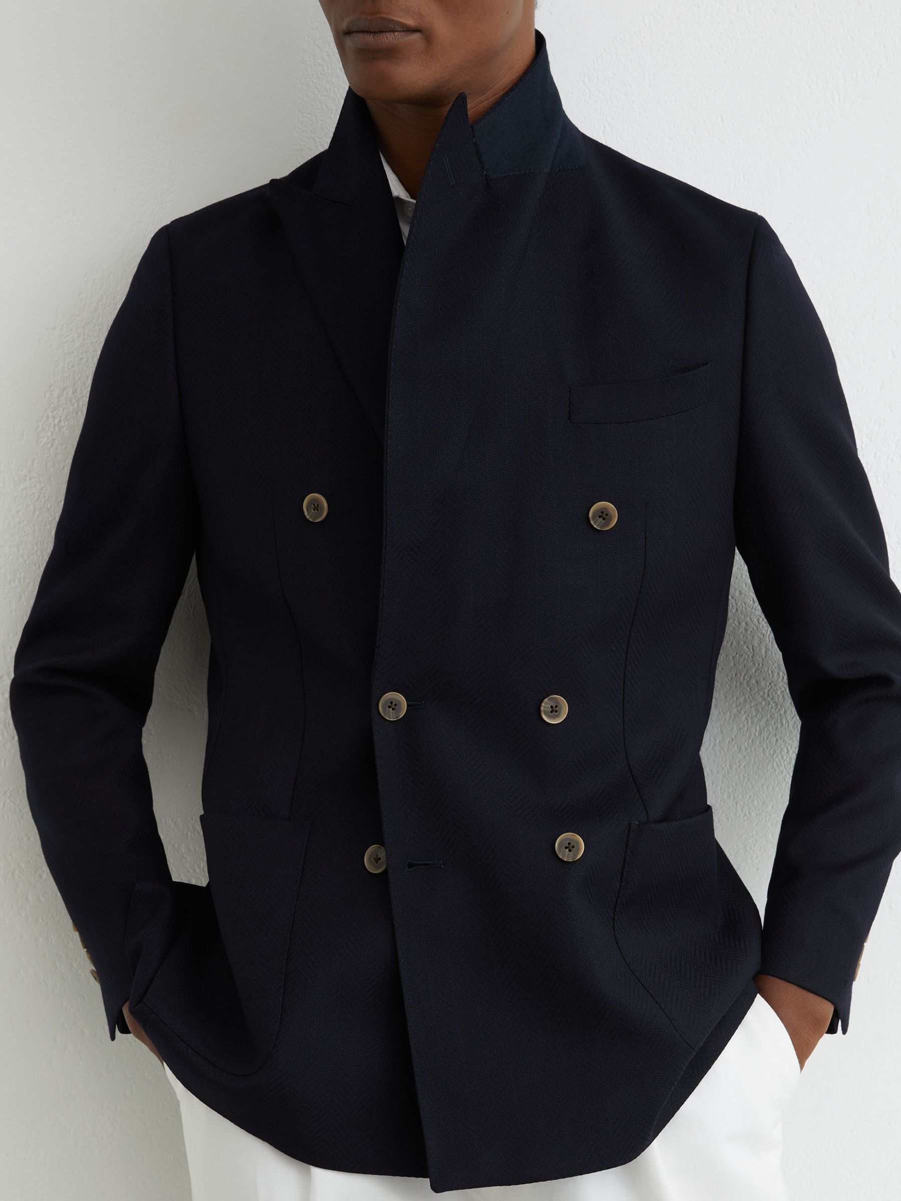 Wool Herringbone Double-Breasted Blazer Tailored-Fit in Navy - Image 6 of 9