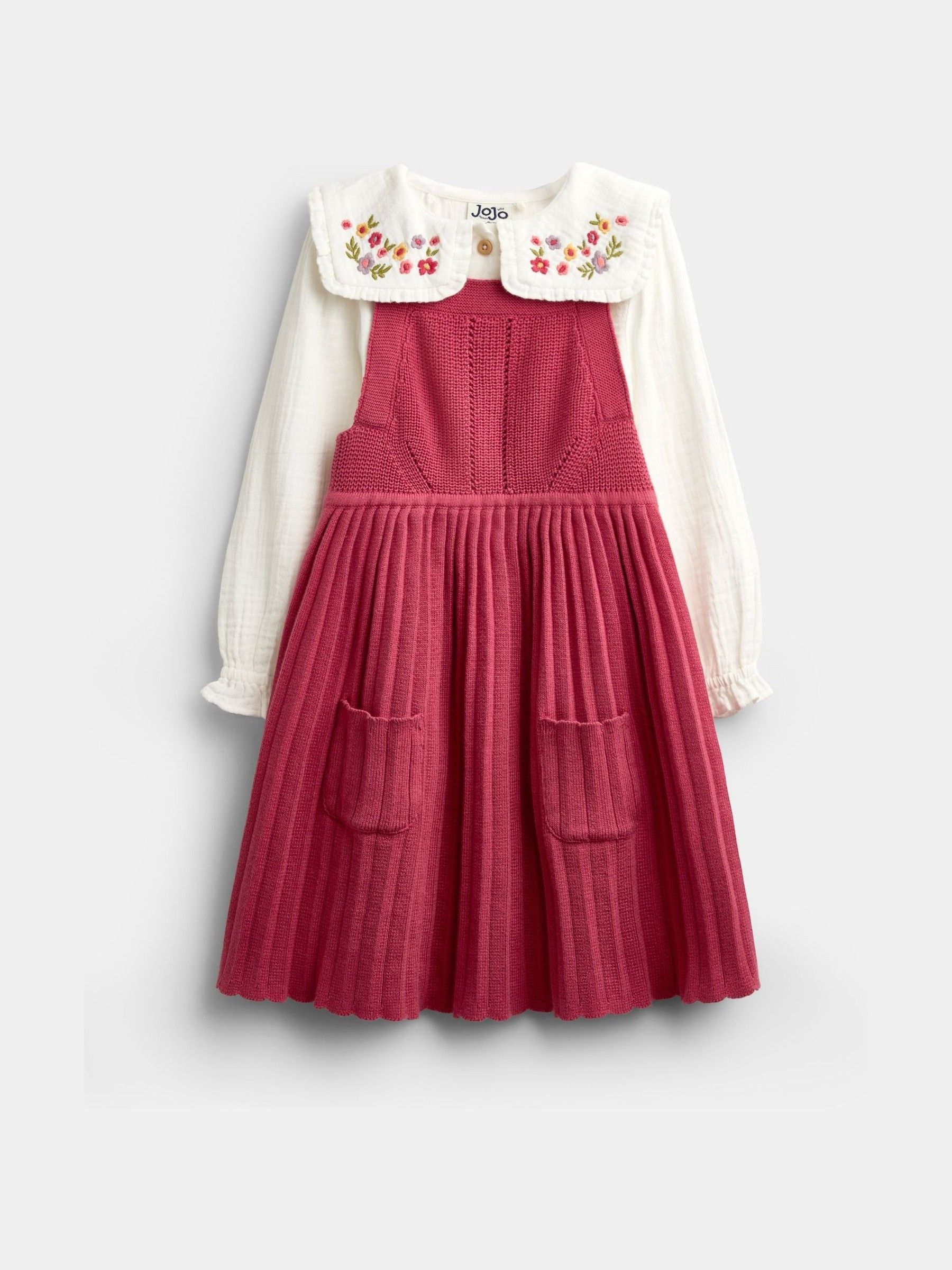 Dusky Pink Embroidered Blouse & Knit Pinafore Set - Image 1 of 6 Dusky Pink Embroidered Blouse & Knit Pinafore Set - Image 1 of 6