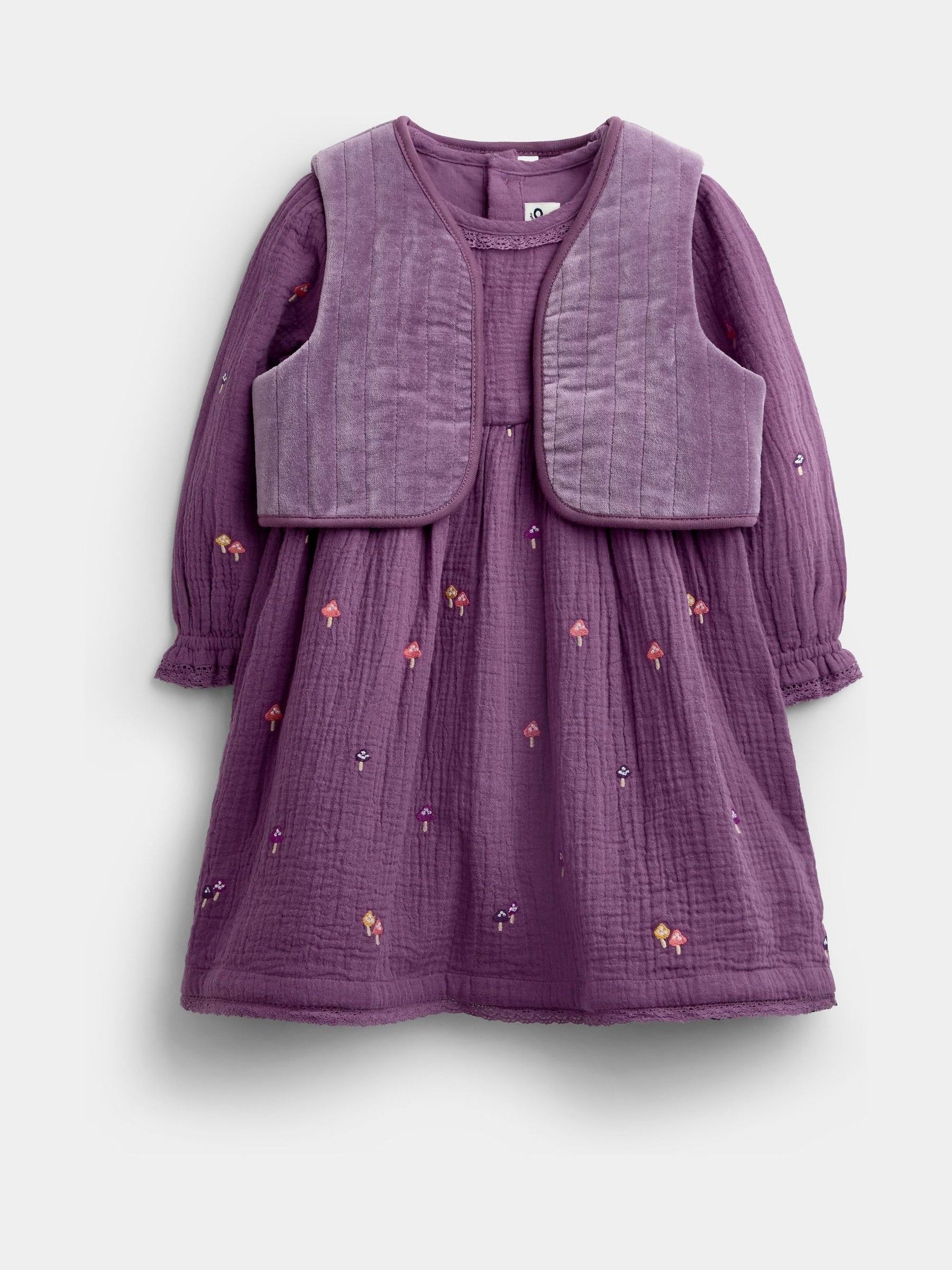 Purple Floral Embroidered Cheesecloth Dress & Gilet Set - Image 1 of 6
