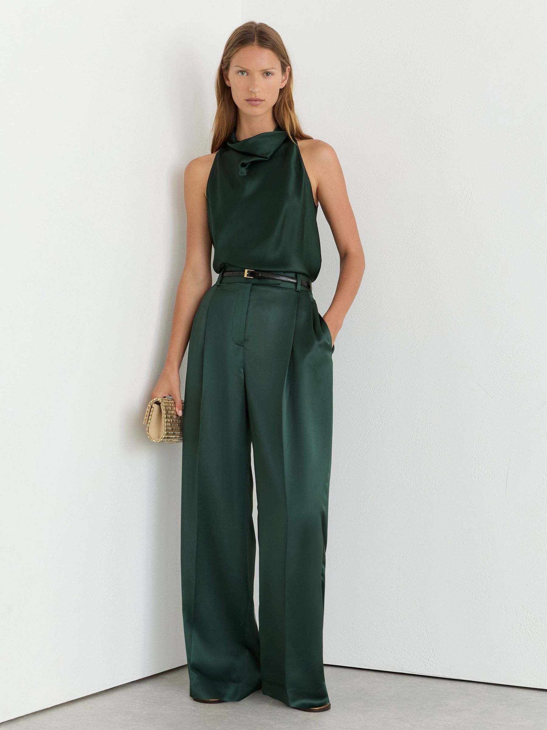 Petite Satin Wide-Leg Pleated Trousers in Teal Green - Image 1 of 7