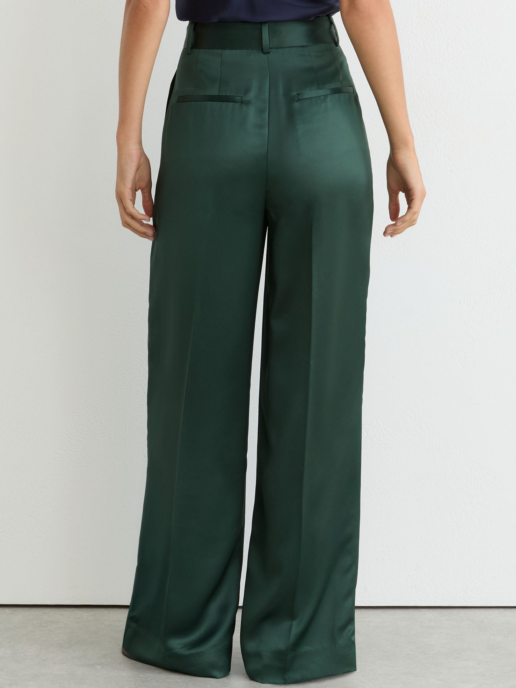 Petite Satin Wide-Leg Pleated Trousers in Teal Green - Image 5 of 7