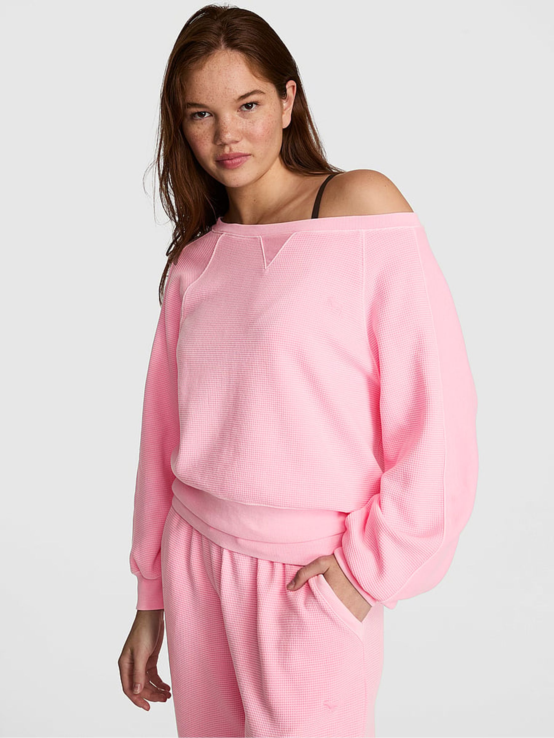 Victoria Pink Off The Shoulder Waffle Sweatshirt - Image 1 of 2