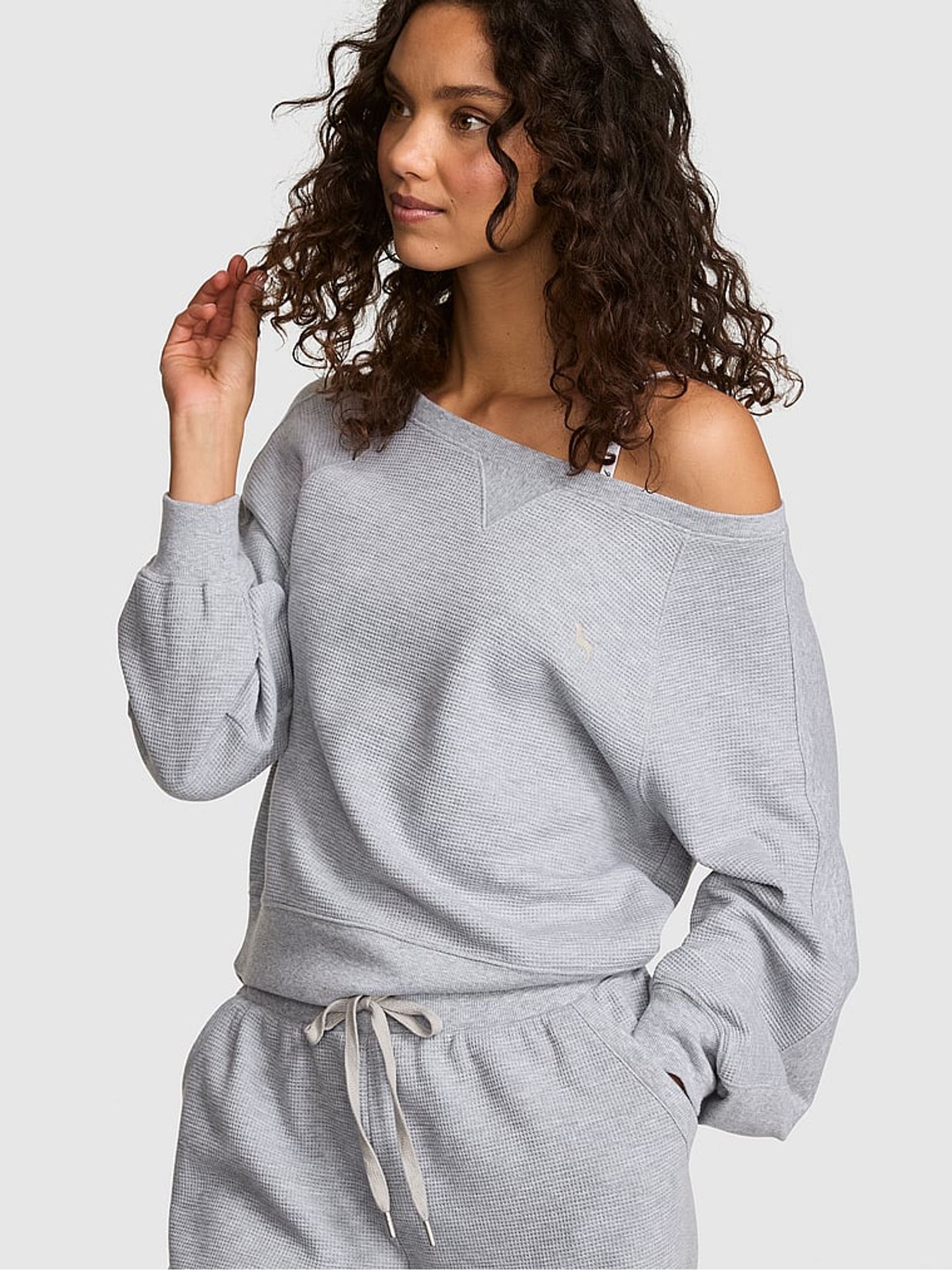Medium Heather Grey Off The Shoulder Waffle Sweatshirt - Image 1 of 2 Medium Heather Grey Off The Shoulder Waffle Sweatshirt - Image 1 of 2