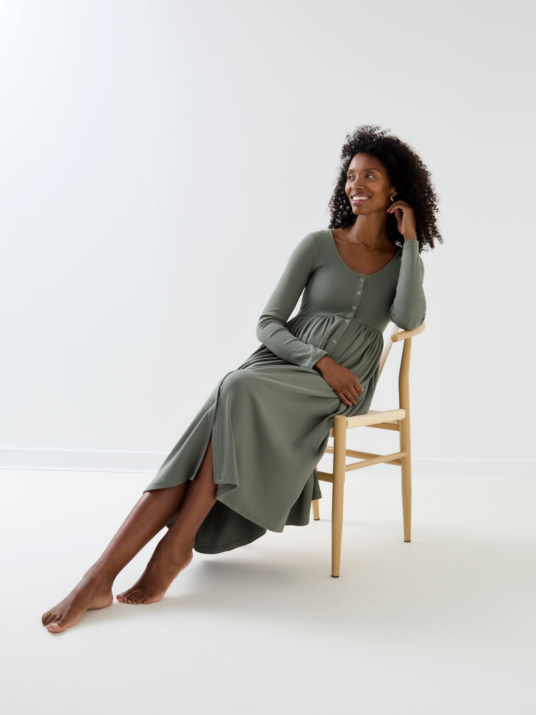 Green Long Sleeve Ribbed Maternity A-Line Midi Dress - Image 1 of 4 Green Long Sleeve Ribbed Maternity A-Line Midi Dress - Image 1 of 4
