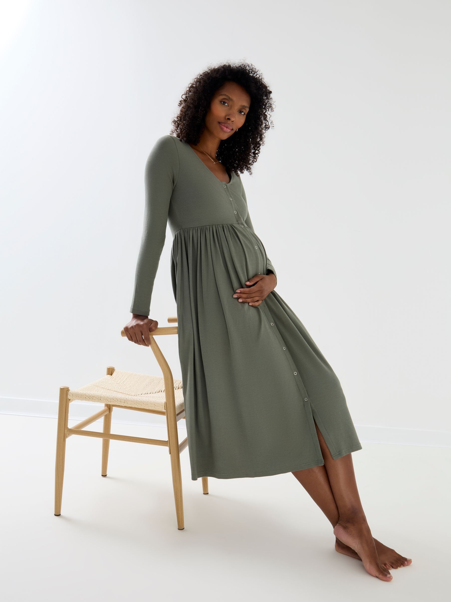 Green Long Sleeve Ribbed Maternity A-Line Midi Dress - Image 2 of 4