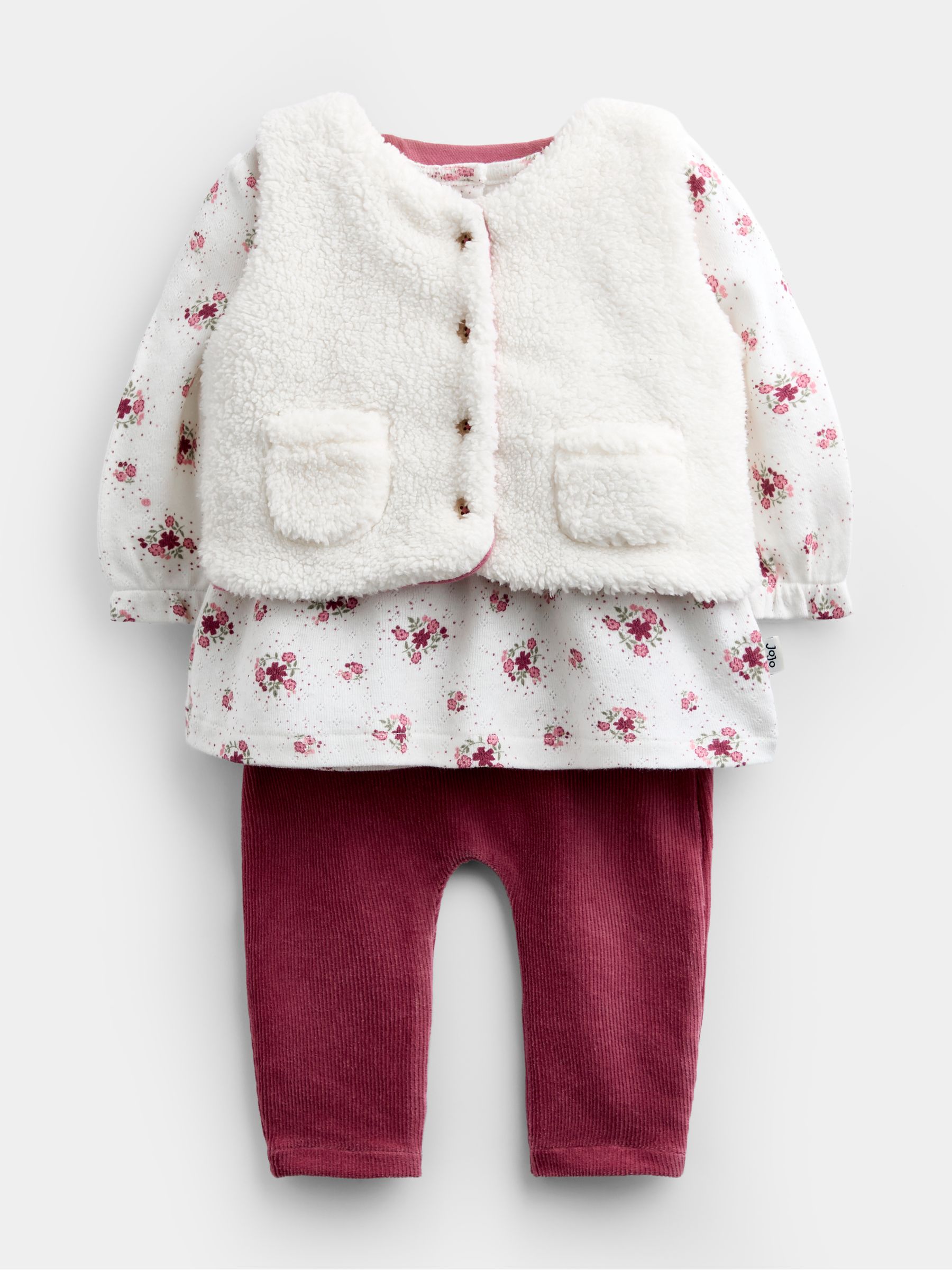 Rose Pink Floral Blouse, Leggings & Gilet Baby Set - Image 1 of 8 Rose Pink Floral Blouse, Leggings & Gilet Baby Set - Image 1 of 8
