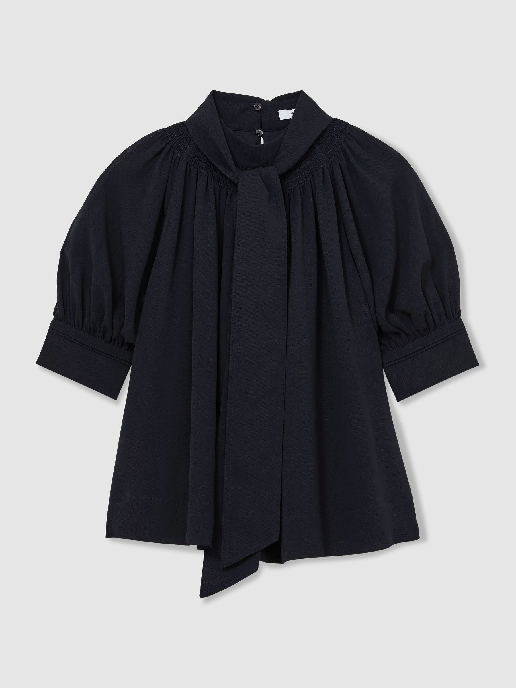 Tie-Neck Short-Sleeve Blouse in Navy - Image 2 of 5