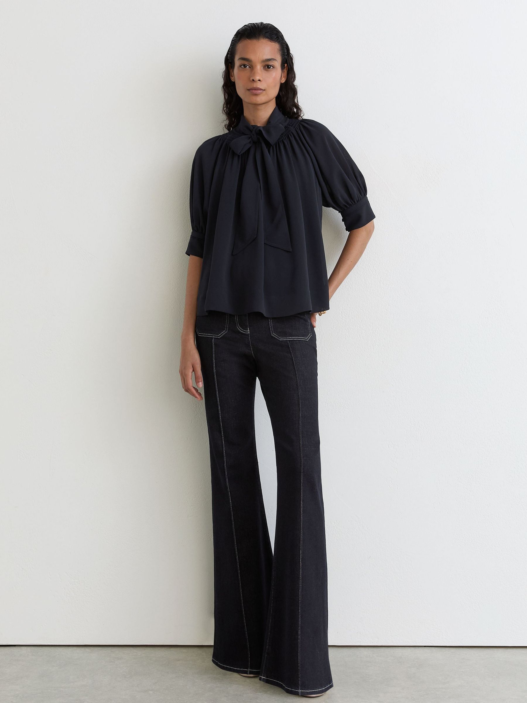Tie-Neck Short-Sleeve Blouse in Navy - Image 3 of 5