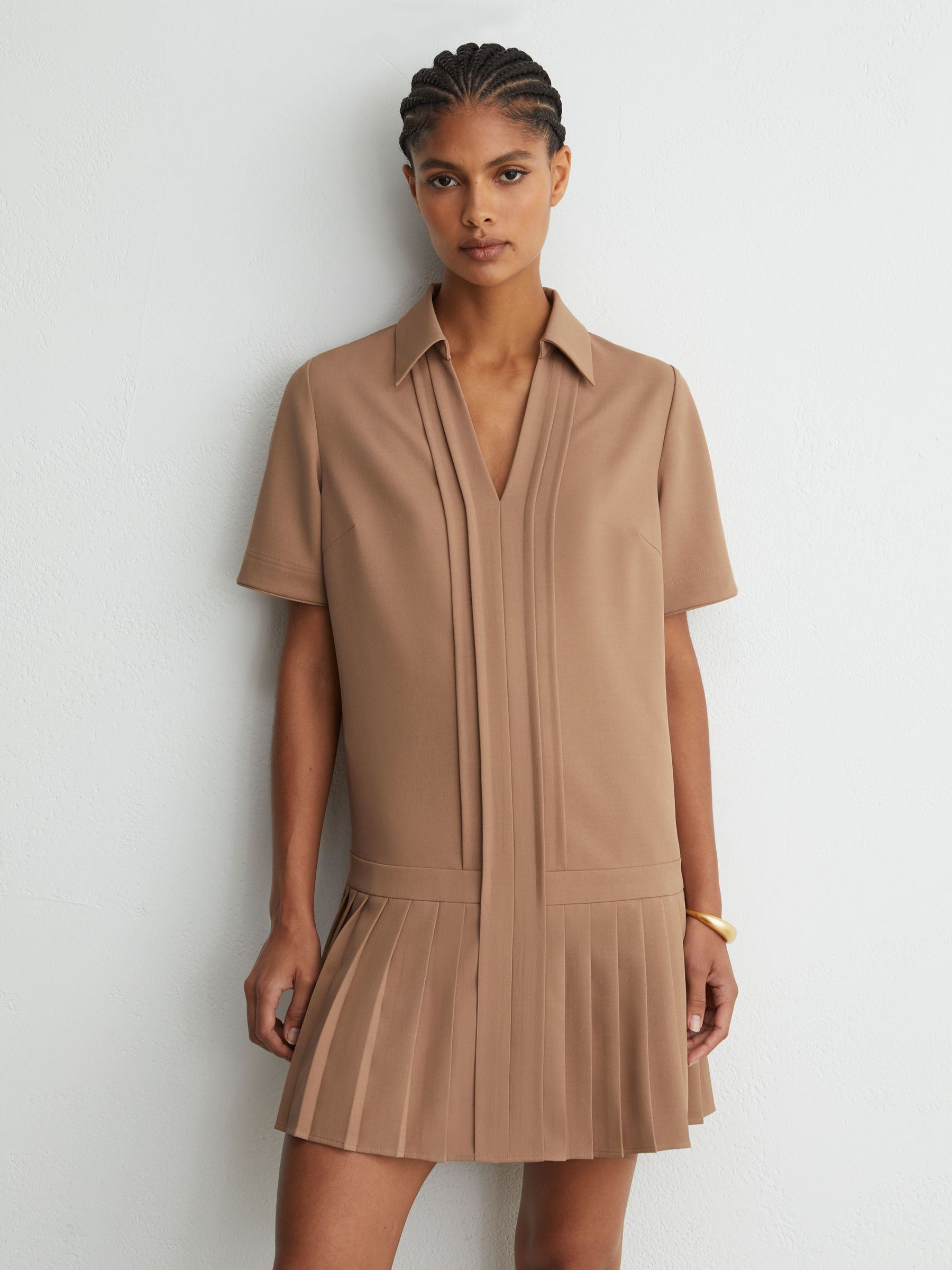 Robe courte plissée à col camel - Image 3 de 8