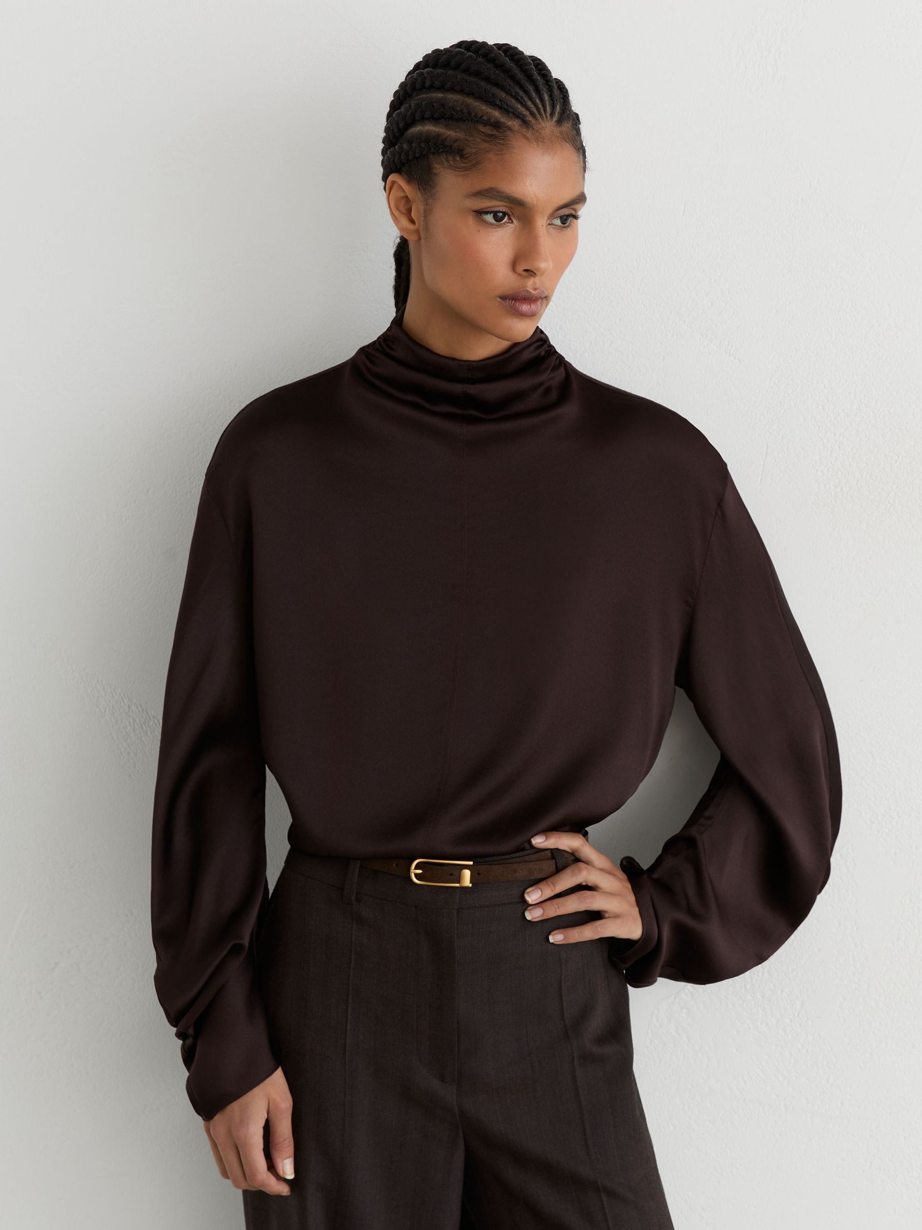 Silk High-Neck Blouse in Grape Burgundy - Image 1 of 7