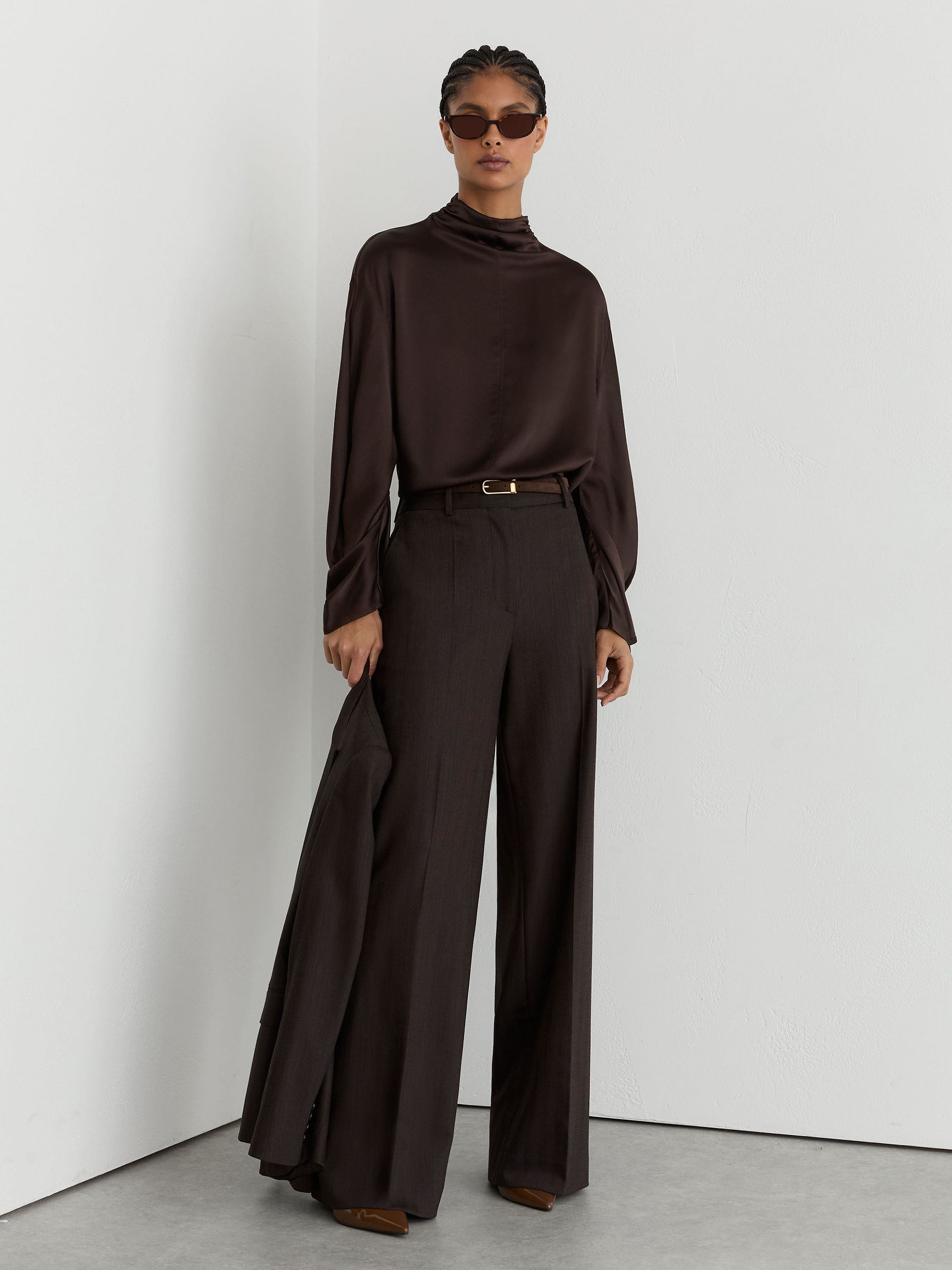 Silk High-Neck Blouse in Grape Burgundy - Image 6 of 7