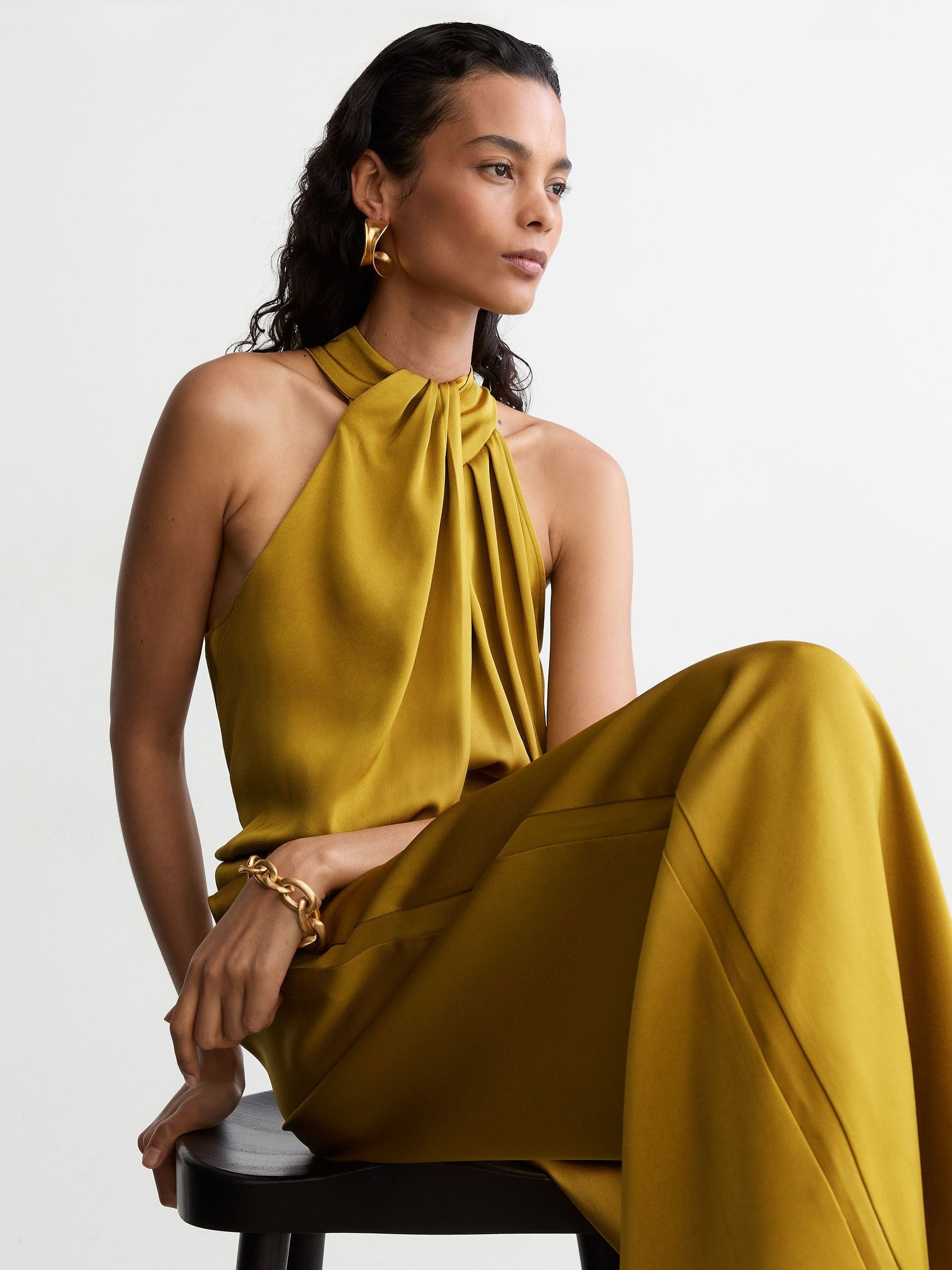 Satin Draped Wide-Leg Jumpsuit in Chartreuse Green - Image 1 of 6