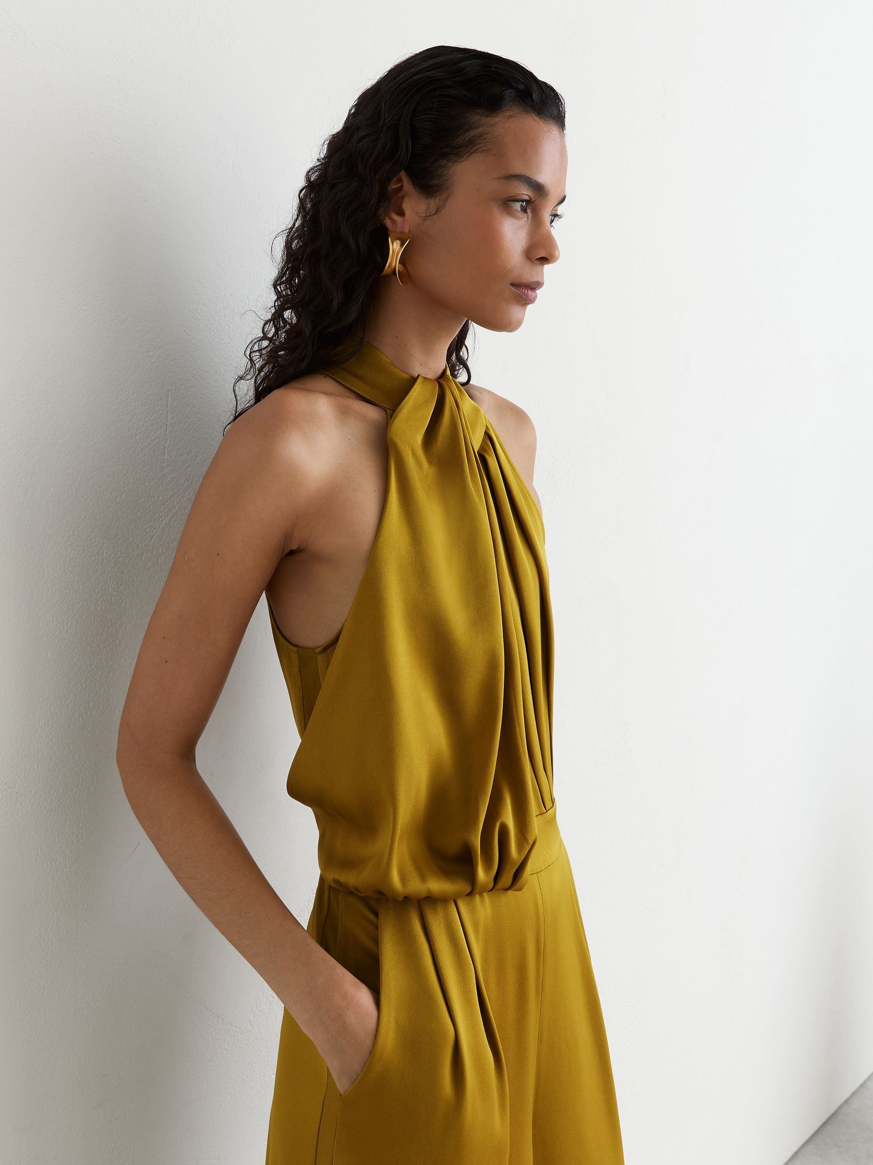 Satin Draped Wide-Leg Jumpsuit in Chartreuse Green - Image 4 of 6