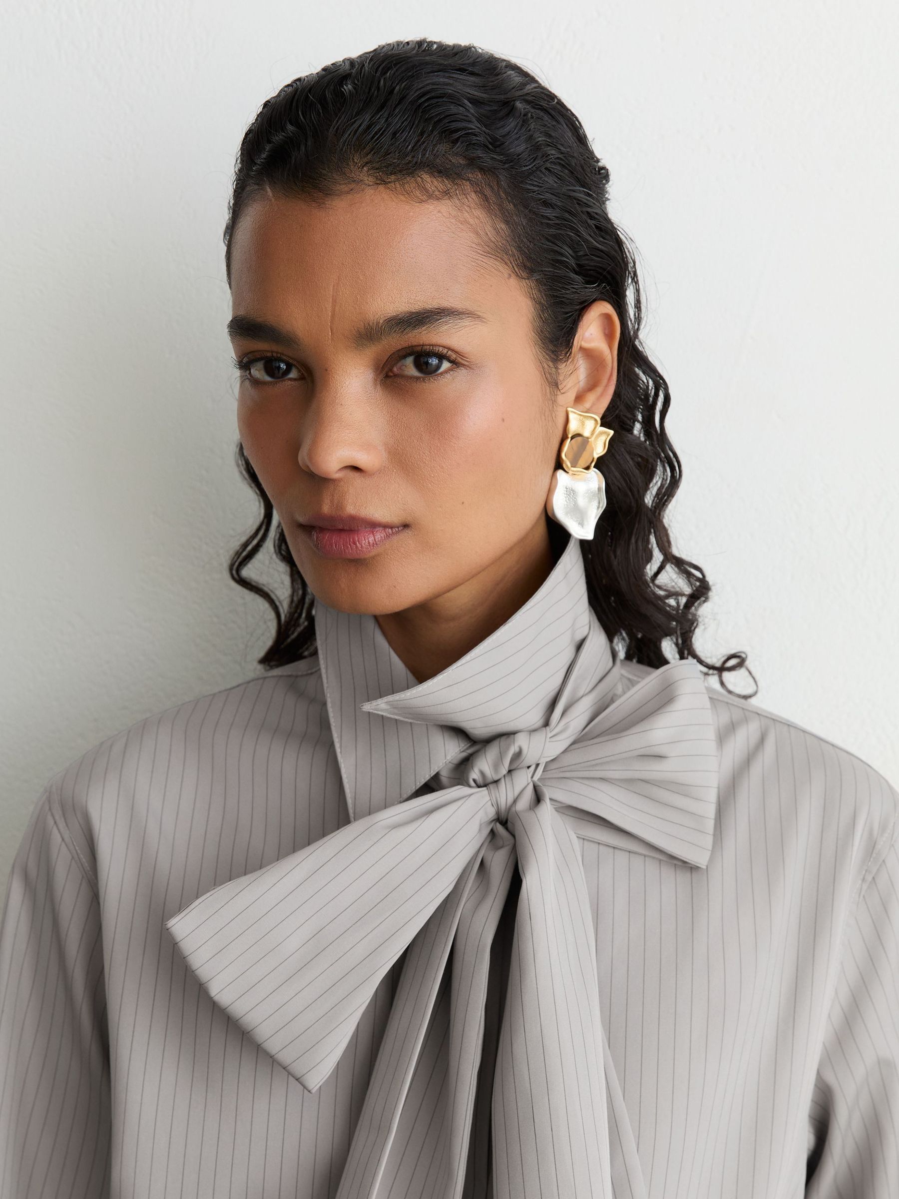 Cotton Striped Tie-Neck Shirt in Grey - Image 1 of 8