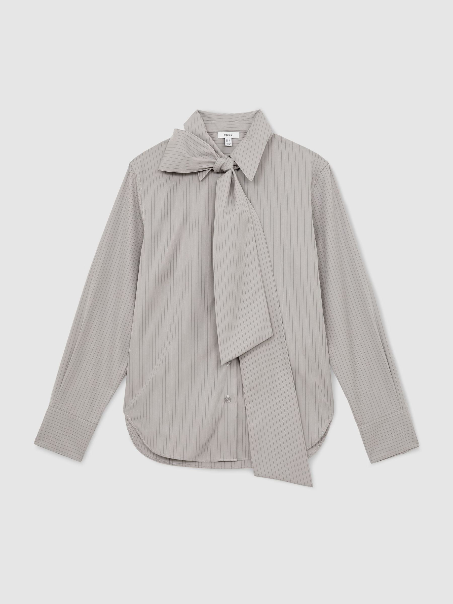 Cotton Striped Tie-Neck Shirt in Grey - Image 2 of 8