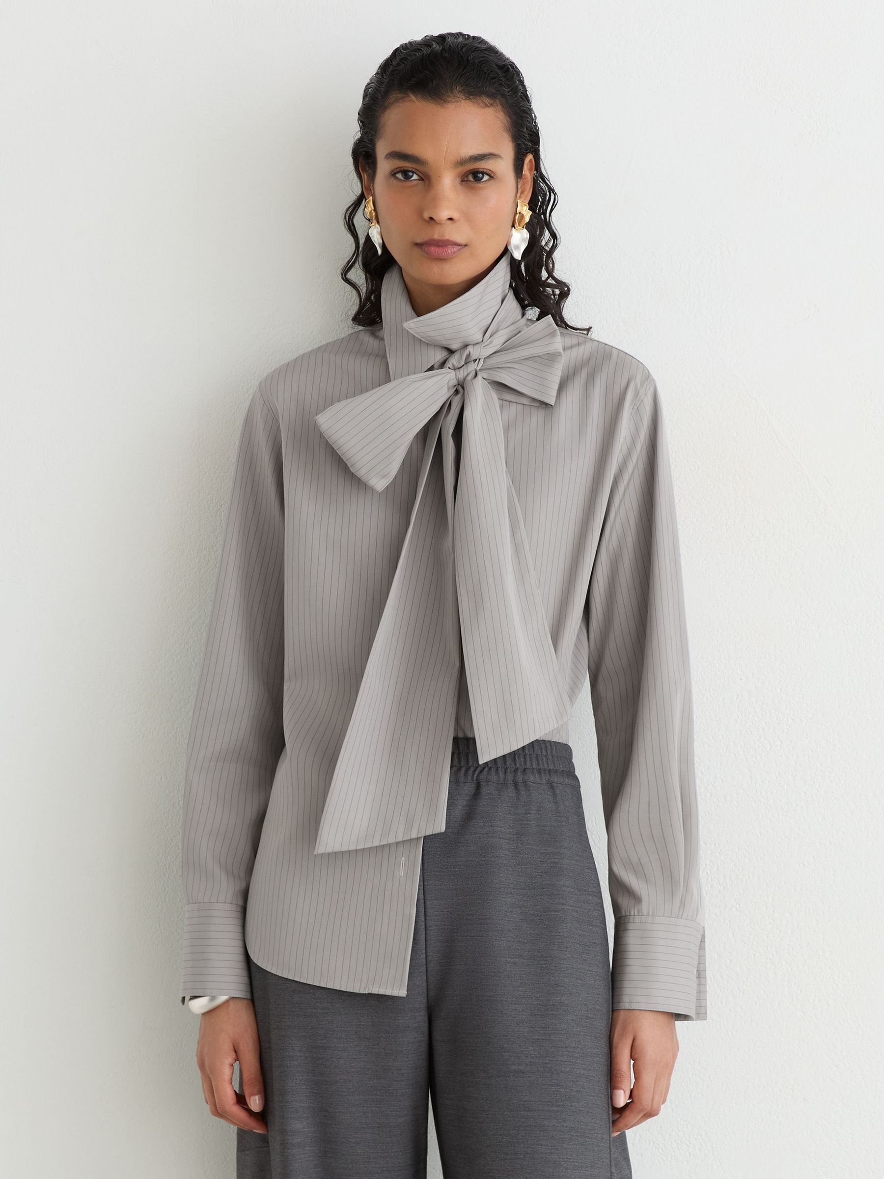 Cotton Striped Tie-Neck Shirt in Grey - Image 3 of 8