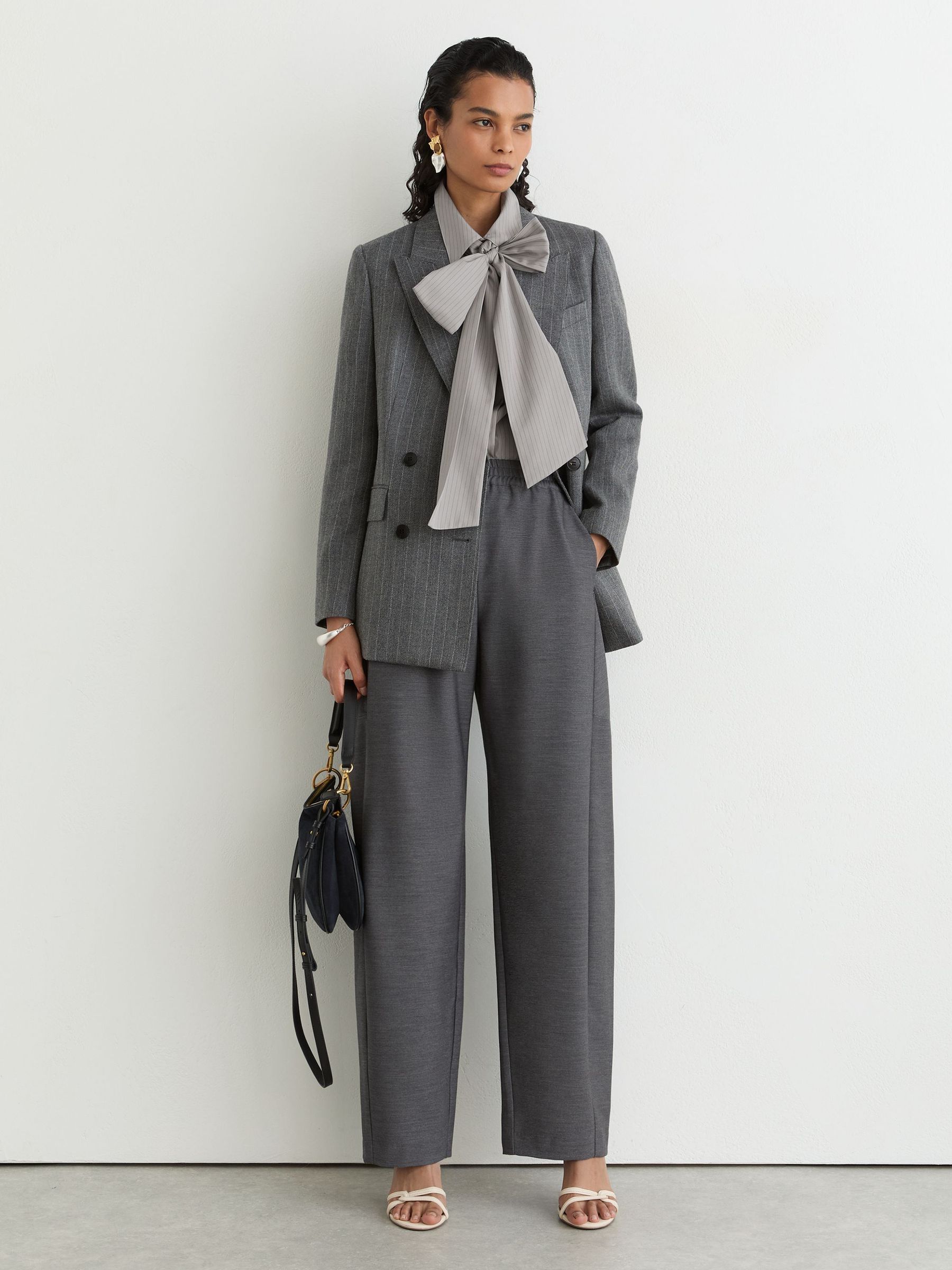 Cotton Striped Tie-Neck Shirt in Grey - Image 4 of 8