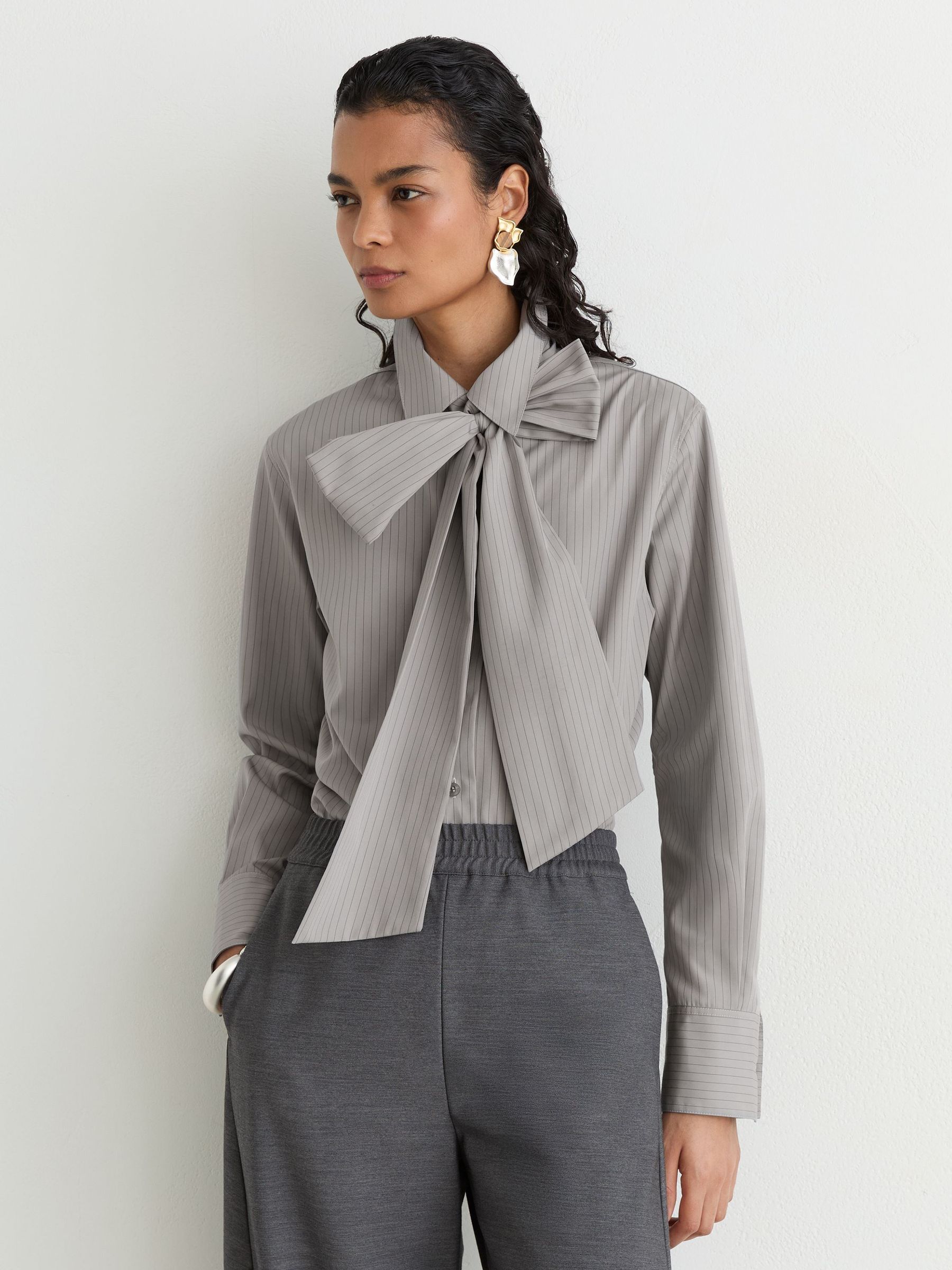 Cotton Striped Tie-Neck Shirt in Grey - Image 6 of 8