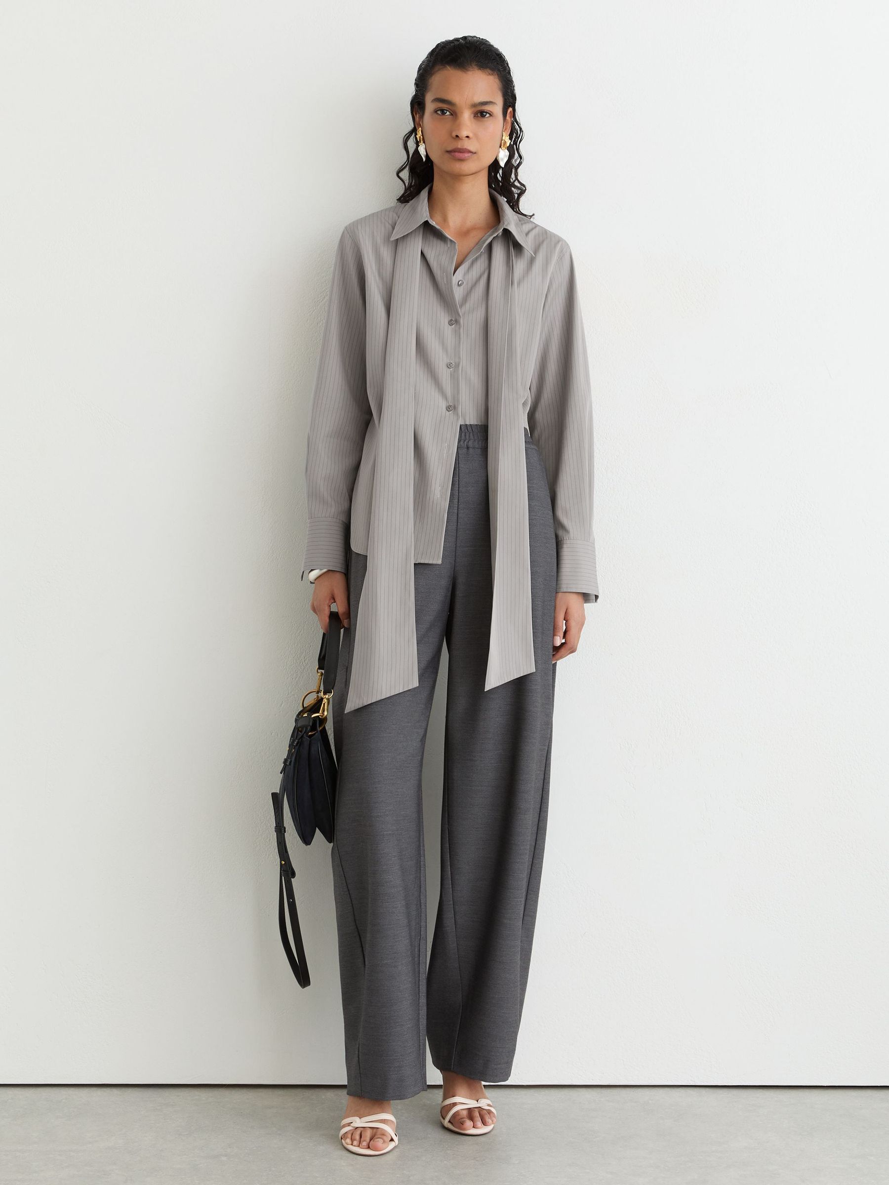 Cotton Striped Tie-Neck Shirt in Grey - Image 7 of 8