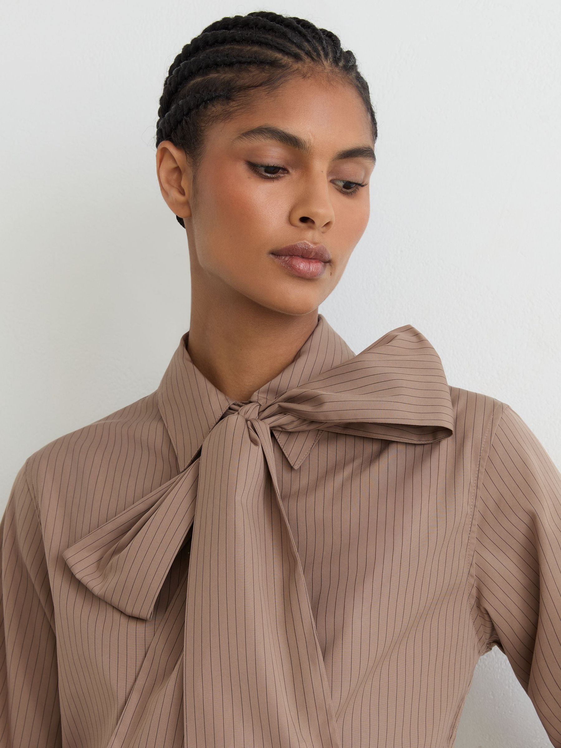 Cotton Striped Tie-Neck Shirt in Mocha Brown - Image 1 of 6
