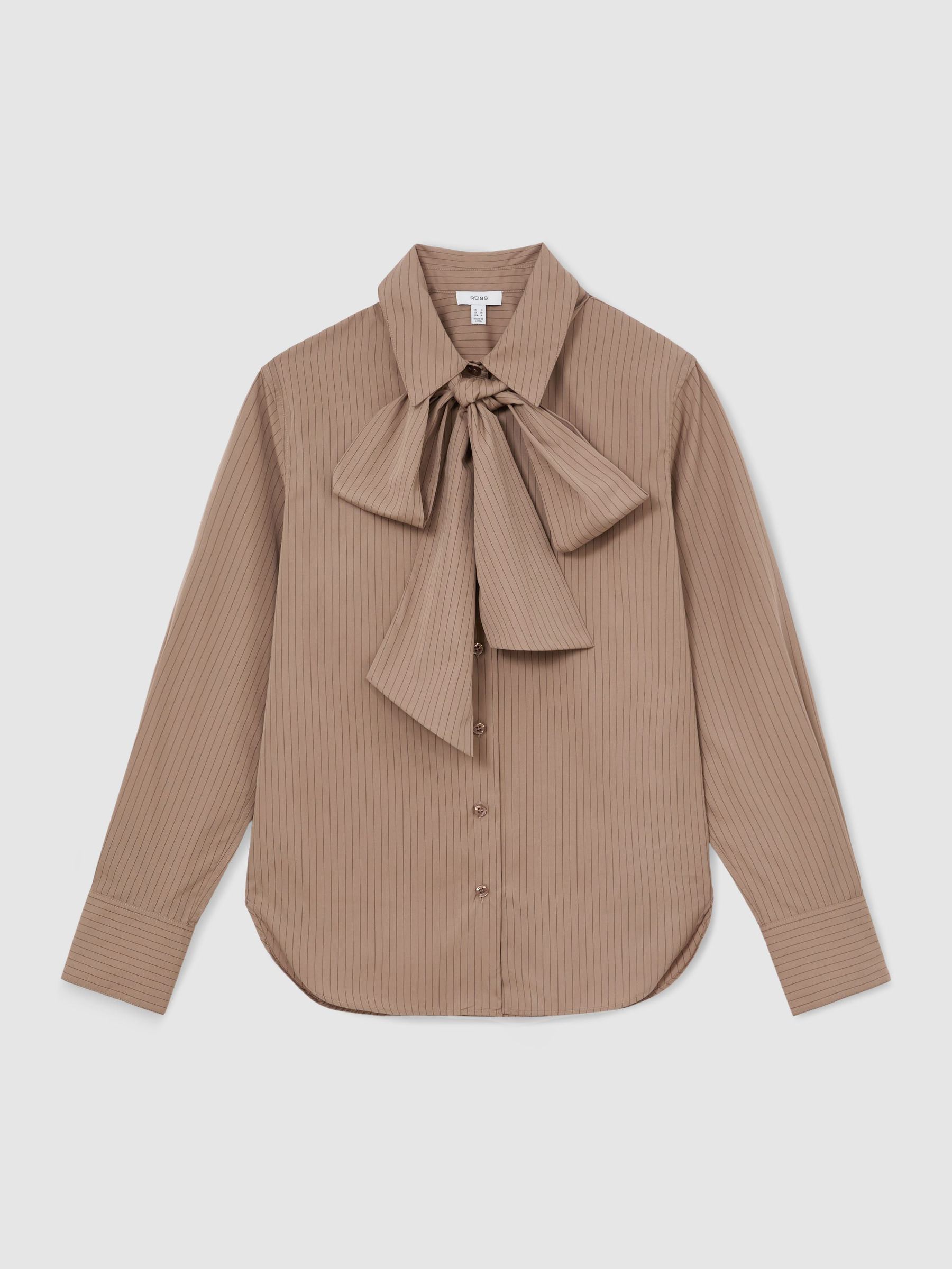 Cotton Striped Tie-Neck Shirt in Mocha Brown - Image 2 of 6