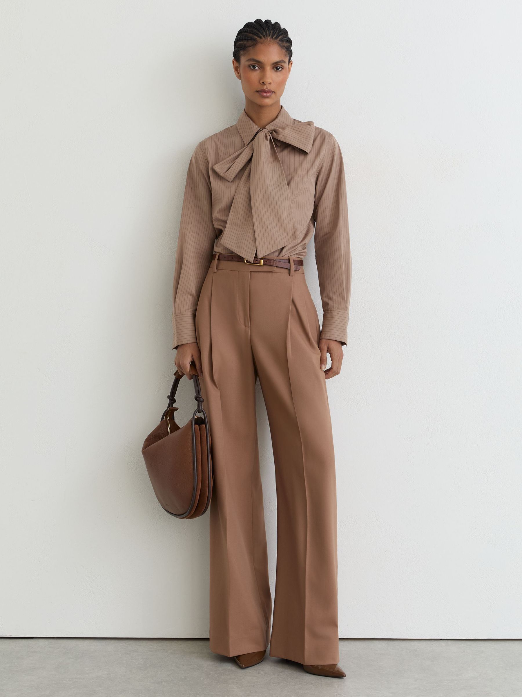 Cotton Striped Tie-Neck Shirt in Mocha Brown - Image 3 of 6
