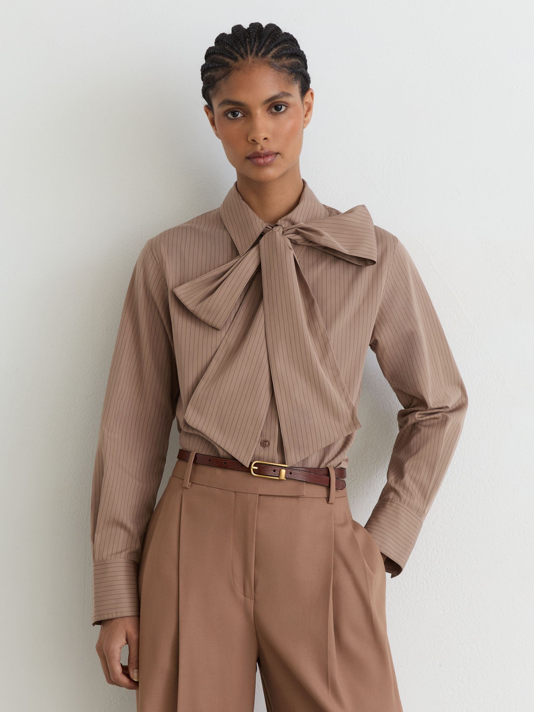Cotton Striped Tie-Neck Shirt in Mocha Brown - Image 4 of 6