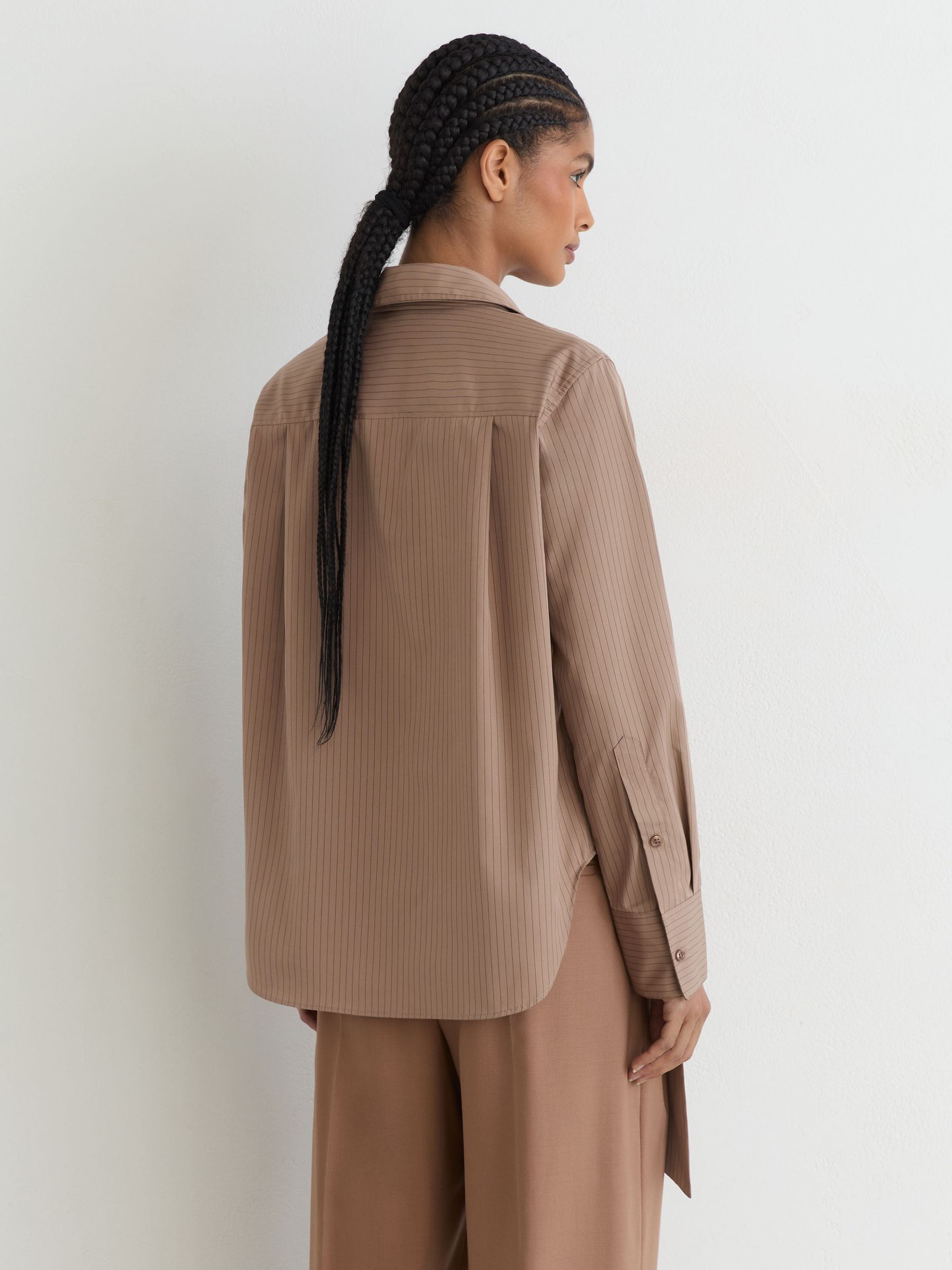 Cotton Striped Tie-Neck Shirt in Mocha Brown - Image 5 of 6