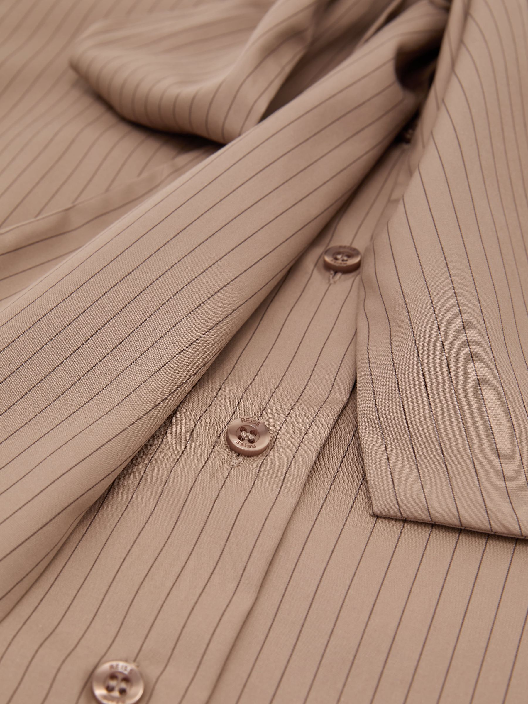 Cotton Striped Tie-Neck Shirt in Mocha Brown - Image 6 of 6
