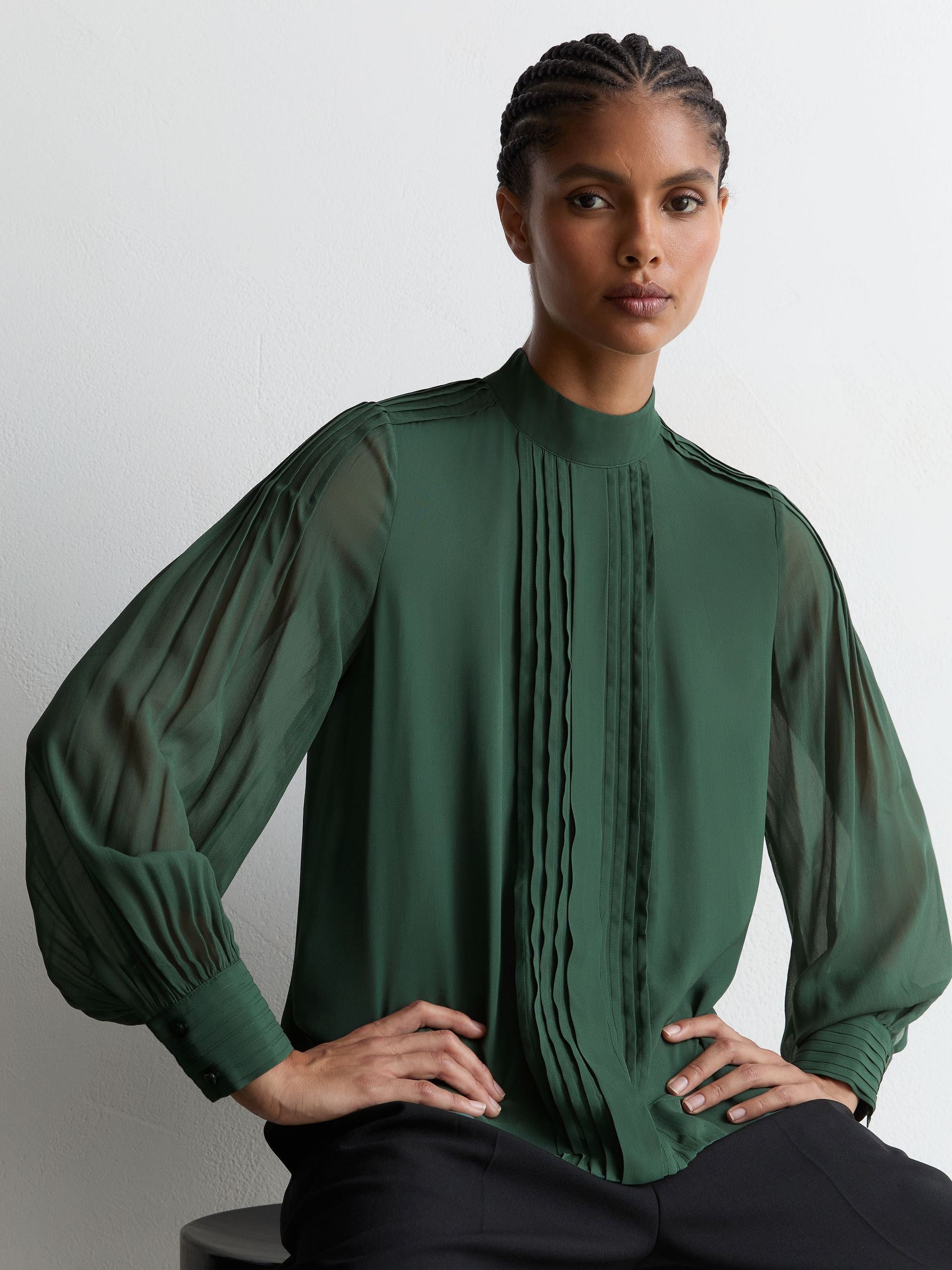 Pintuck-Detail Tie-Back Blouse in Teal Green - Image 1 of 7