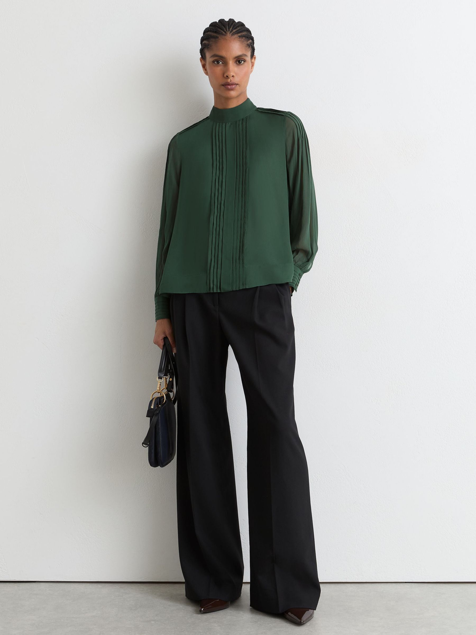 Pintuck-Detail Tie-Back Blouse in Teal Green - Image 3 of 7