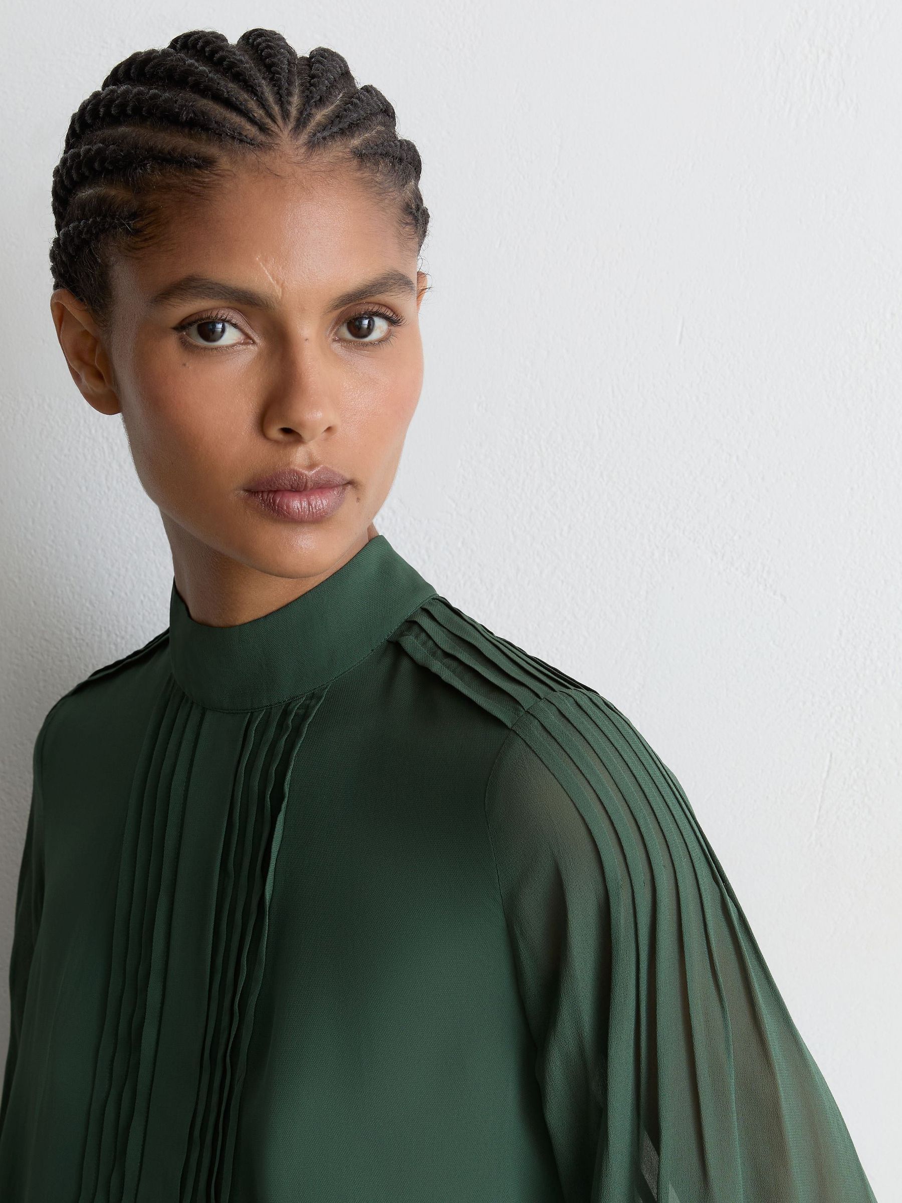 Pintuck-Detail Tie-Back Blouse in Teal Green - Image 5 of 7
