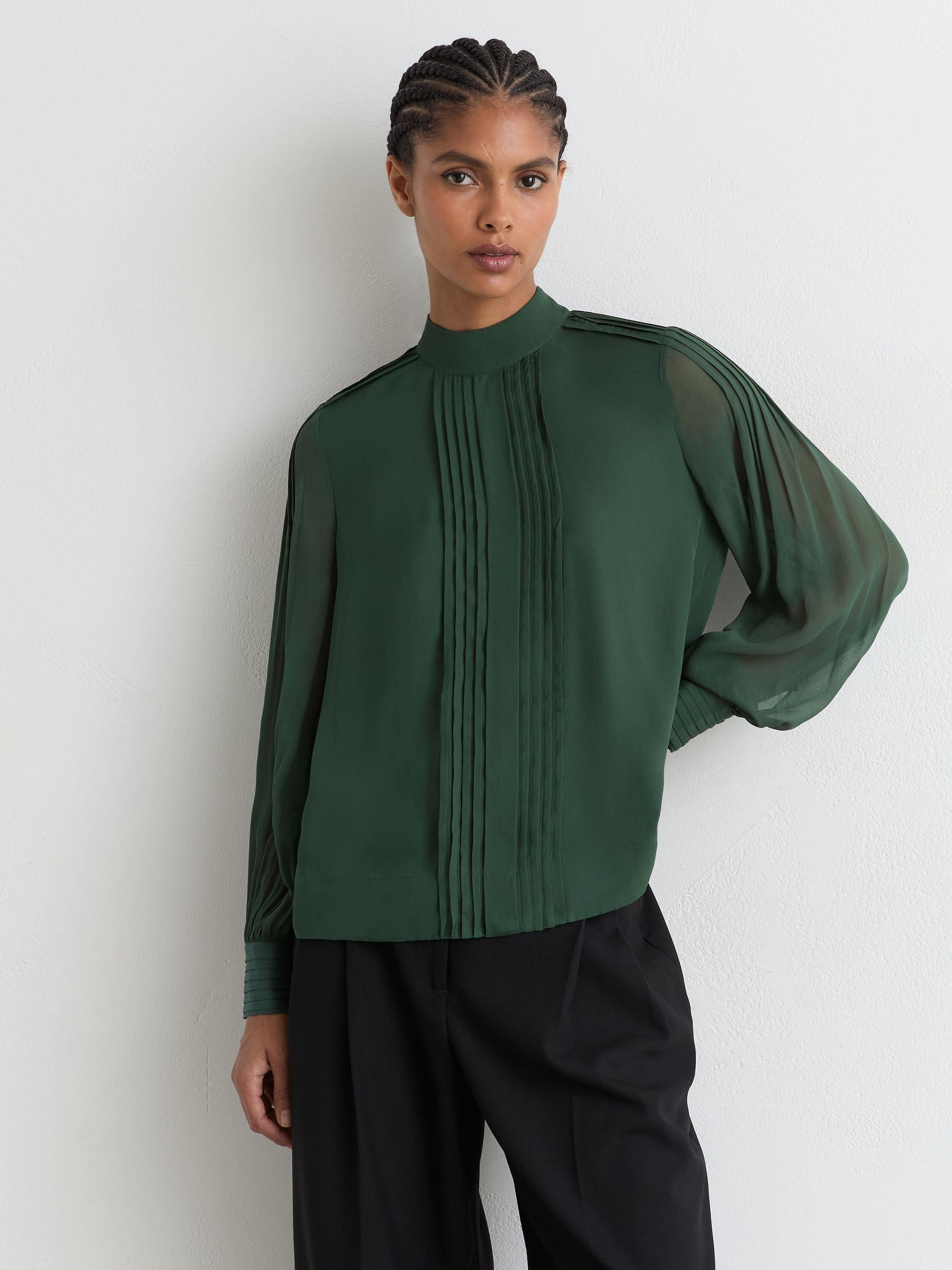 Pintuck-Detail Tie-Back Blouse in Teal Green - Image 6 of 7