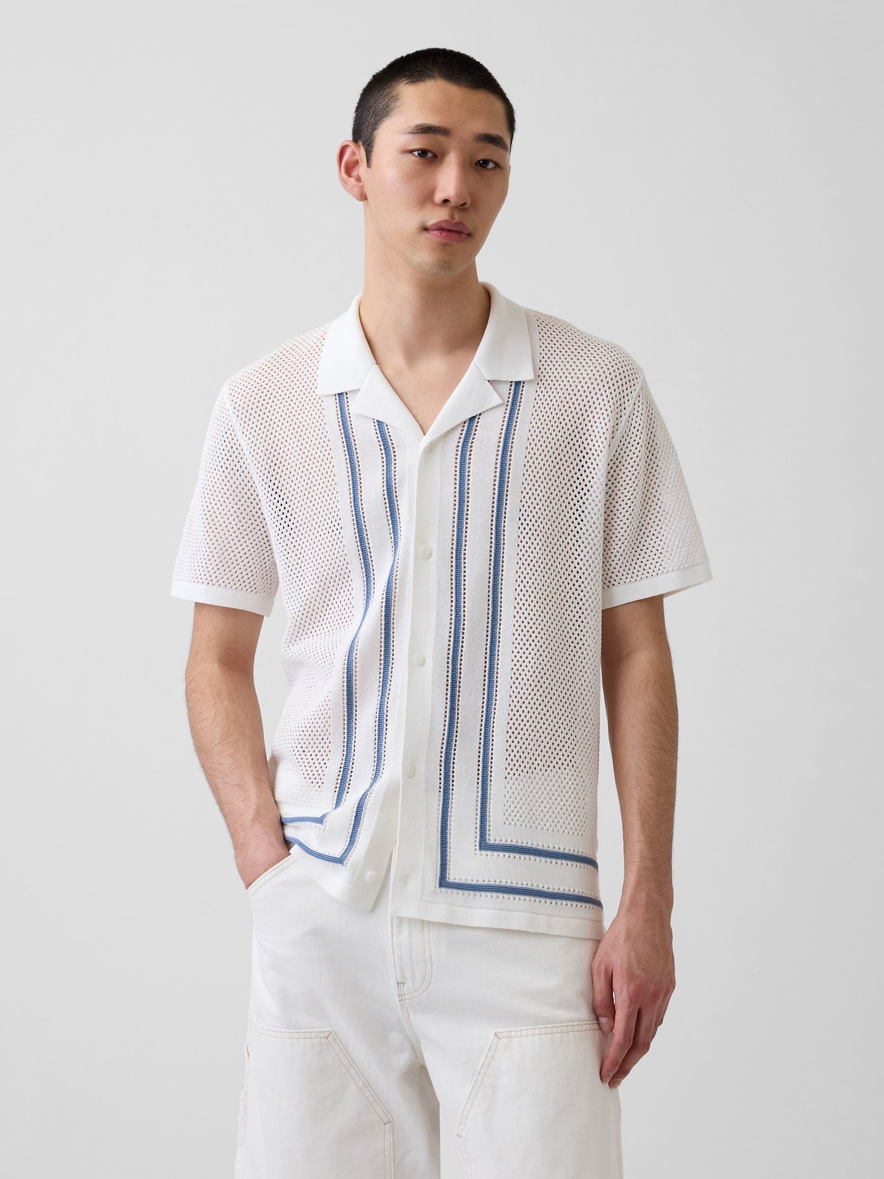 White Stripe Collar Knitted Shirt - Image 1 of 4