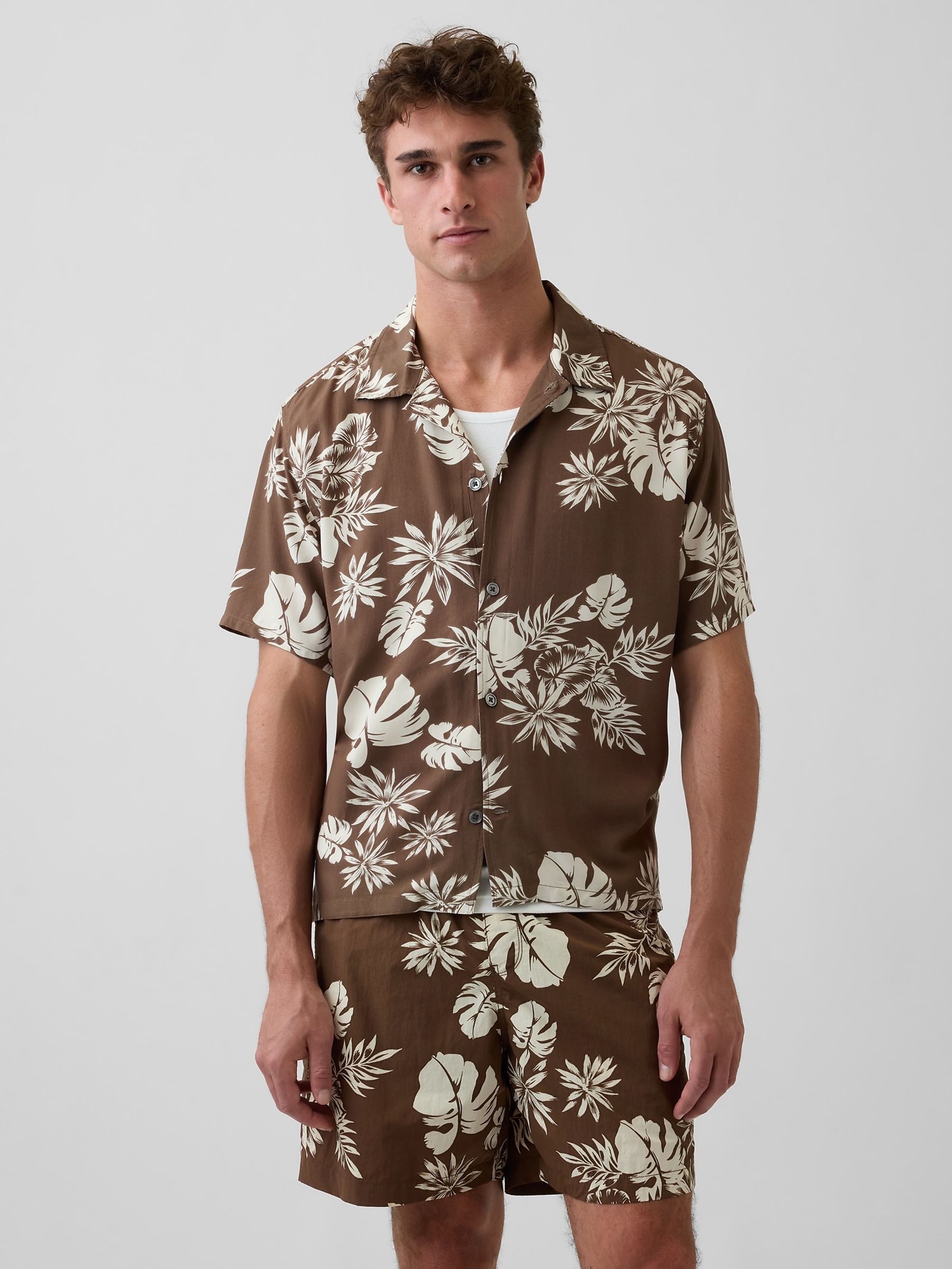 Brown Relaxed Collar Short Sleeve Shirt - Image 1 of 4