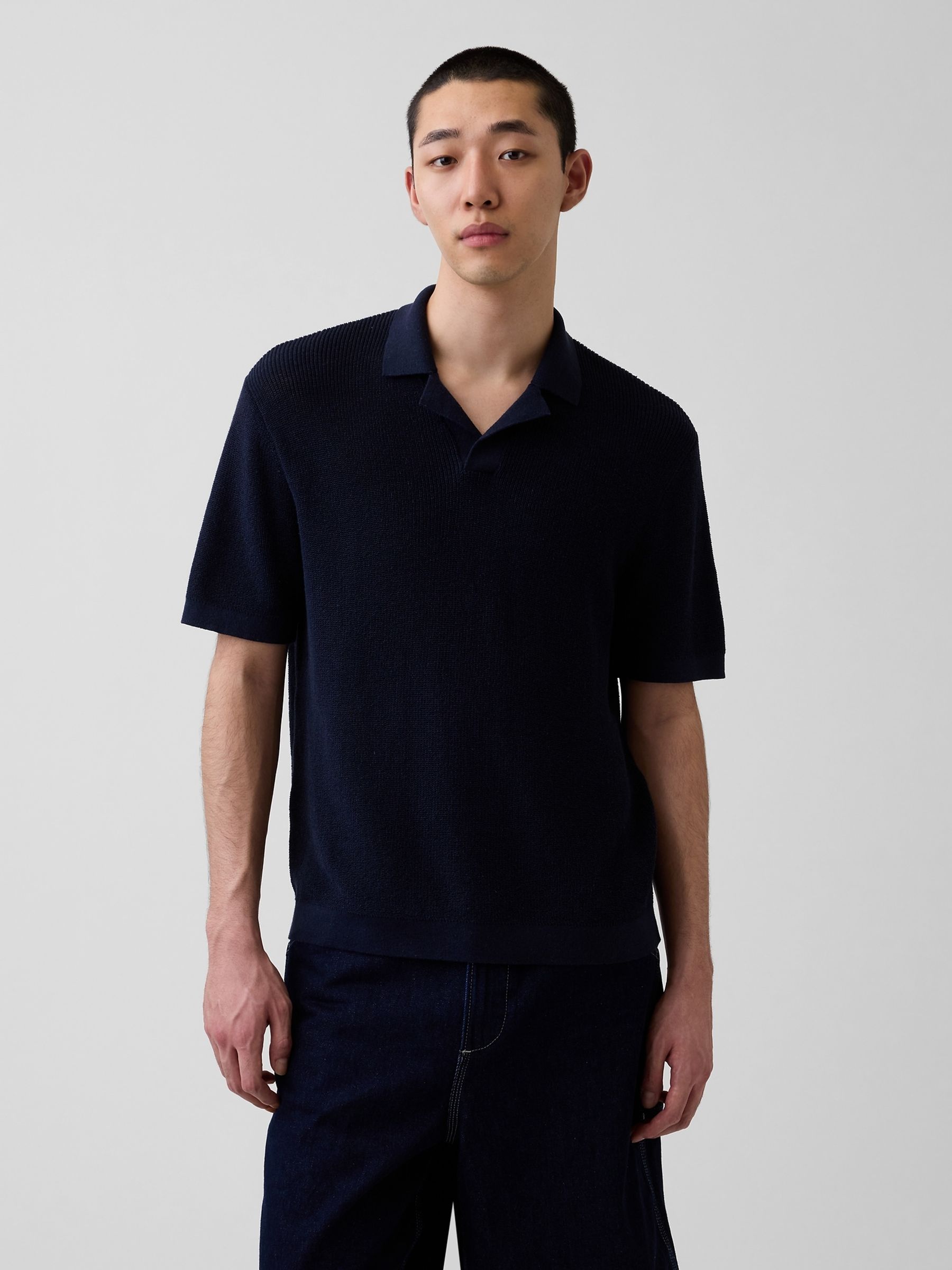 Navy Linen-Blend Knitted Polo Shirt - Image 1 of 4