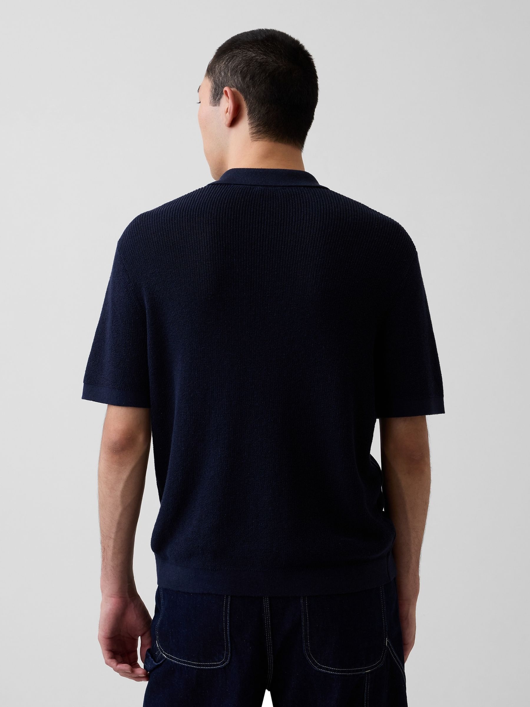 Navy Linen-Blend Knitted Polo Shirt - Image 2 of 4