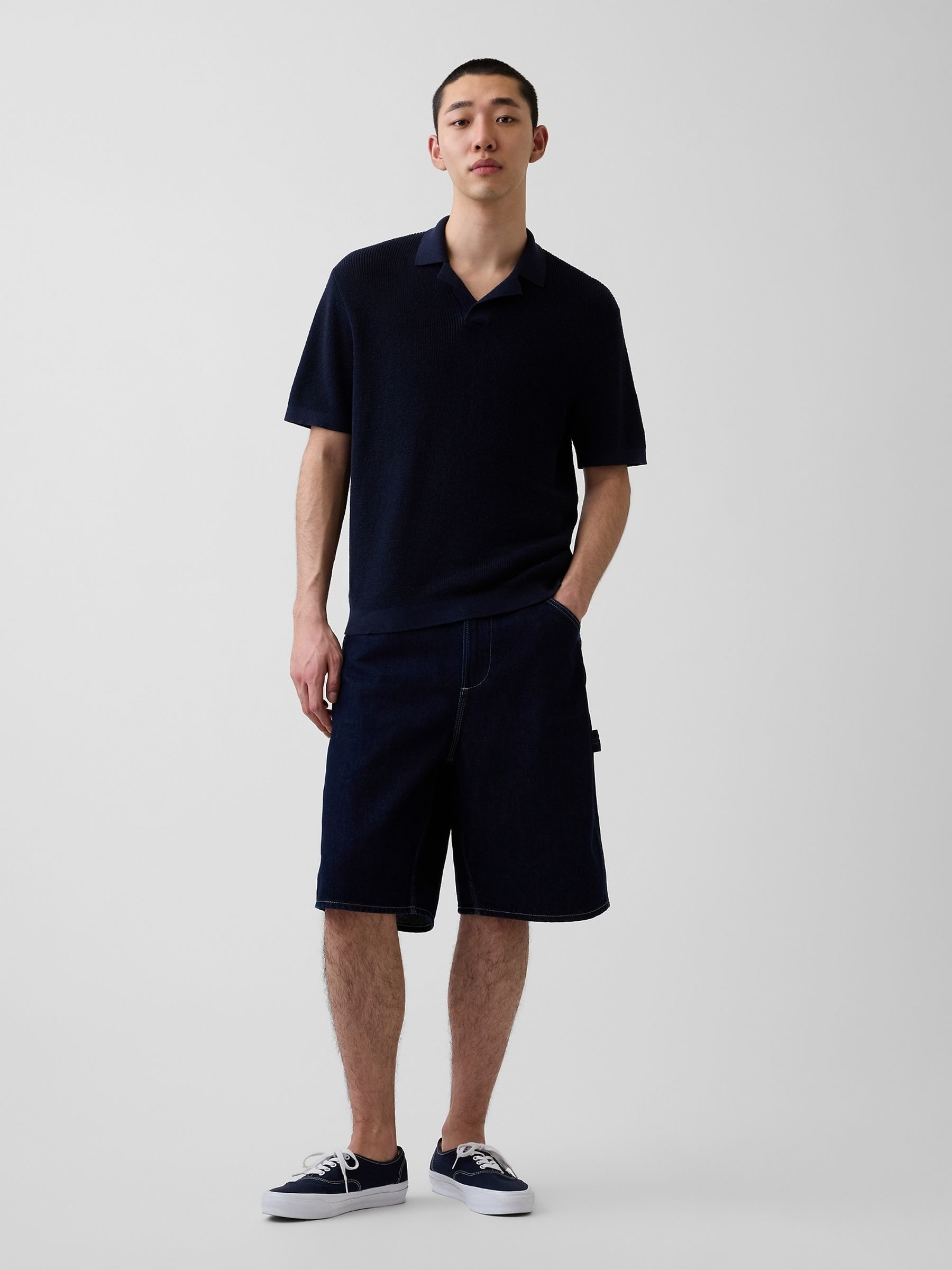 Navy Linen-Blend Knitted Polo Shirt - Image 3 of 4