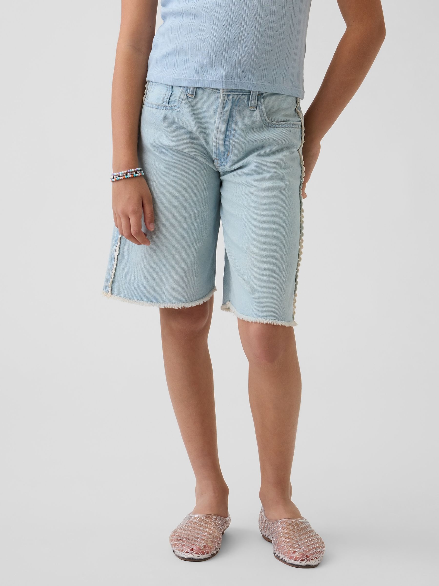 Light Wash Blue Low Rise Longline Denim Shorts - Image 1 of 6