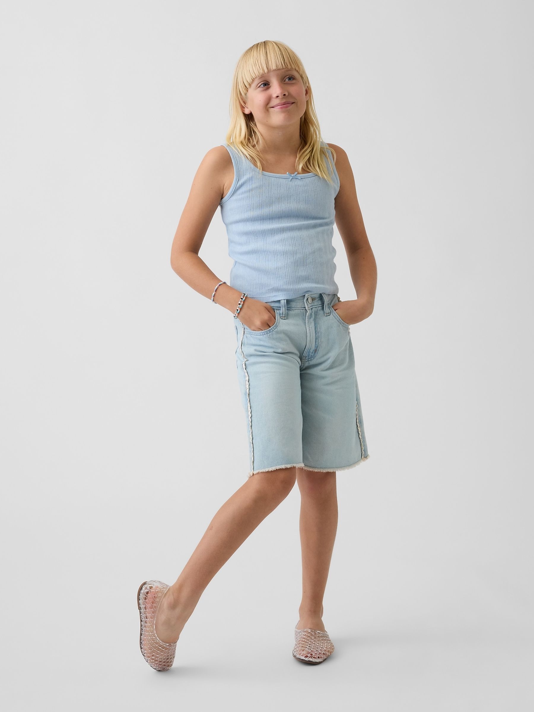 Light Wash Blue Low Rise Longline Denim Shorts - Image 3 of 6