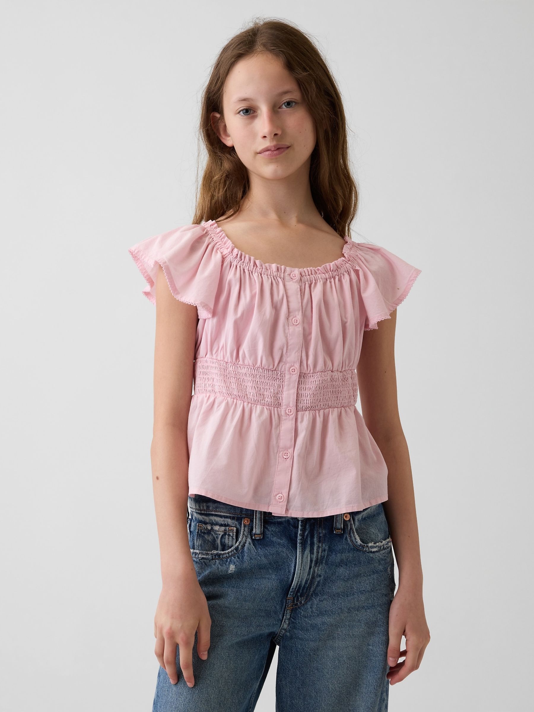 Pink Flutter-Sleeve Button-Front Top - Image 1 of 5