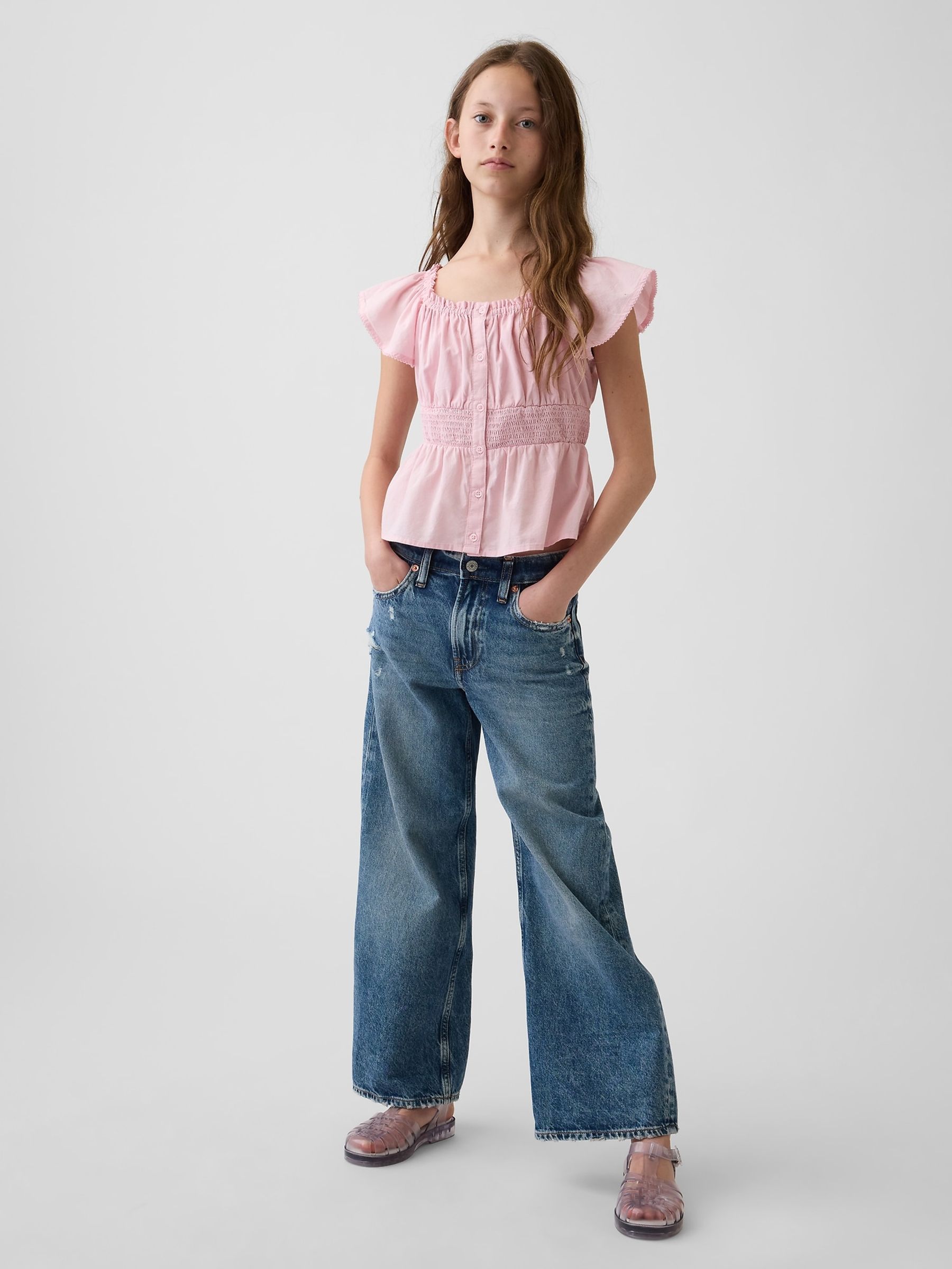 Pink Flutter-Sleeve Button-Front Top - Image 3 of 5