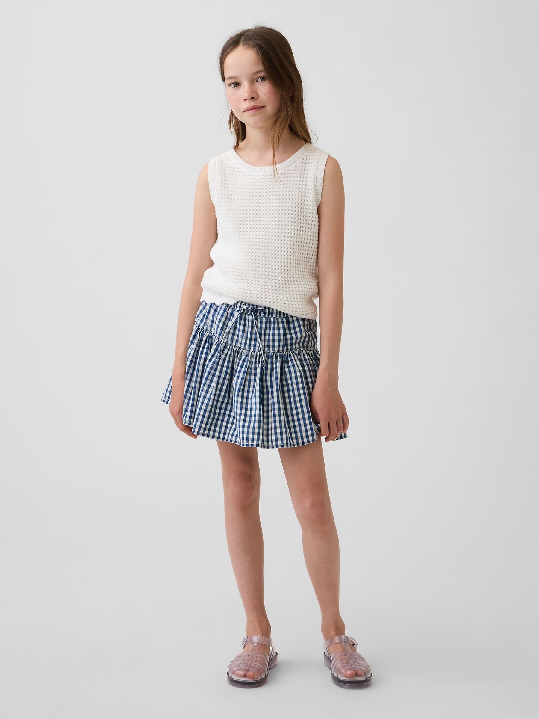 Blue Gingham Denim Tiered Skort - Image 1 of 4