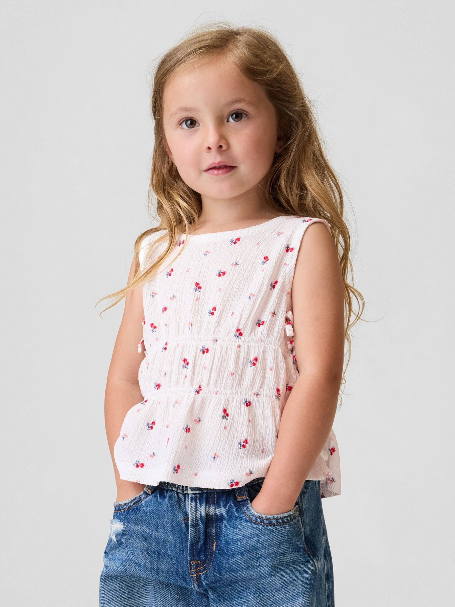 White Floral Crinkle Knit Bow Sleeveless Top - Image 1 of 4