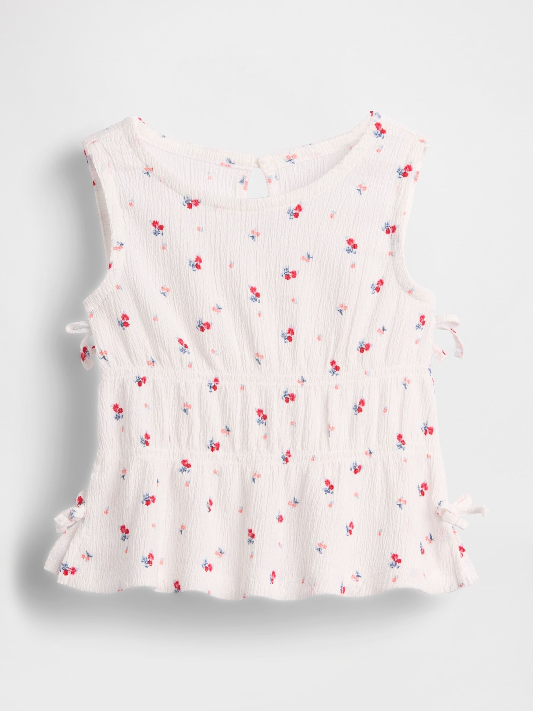 White Floral Crinkle Knit Bow Sleeveless Top - Image 2 of 4