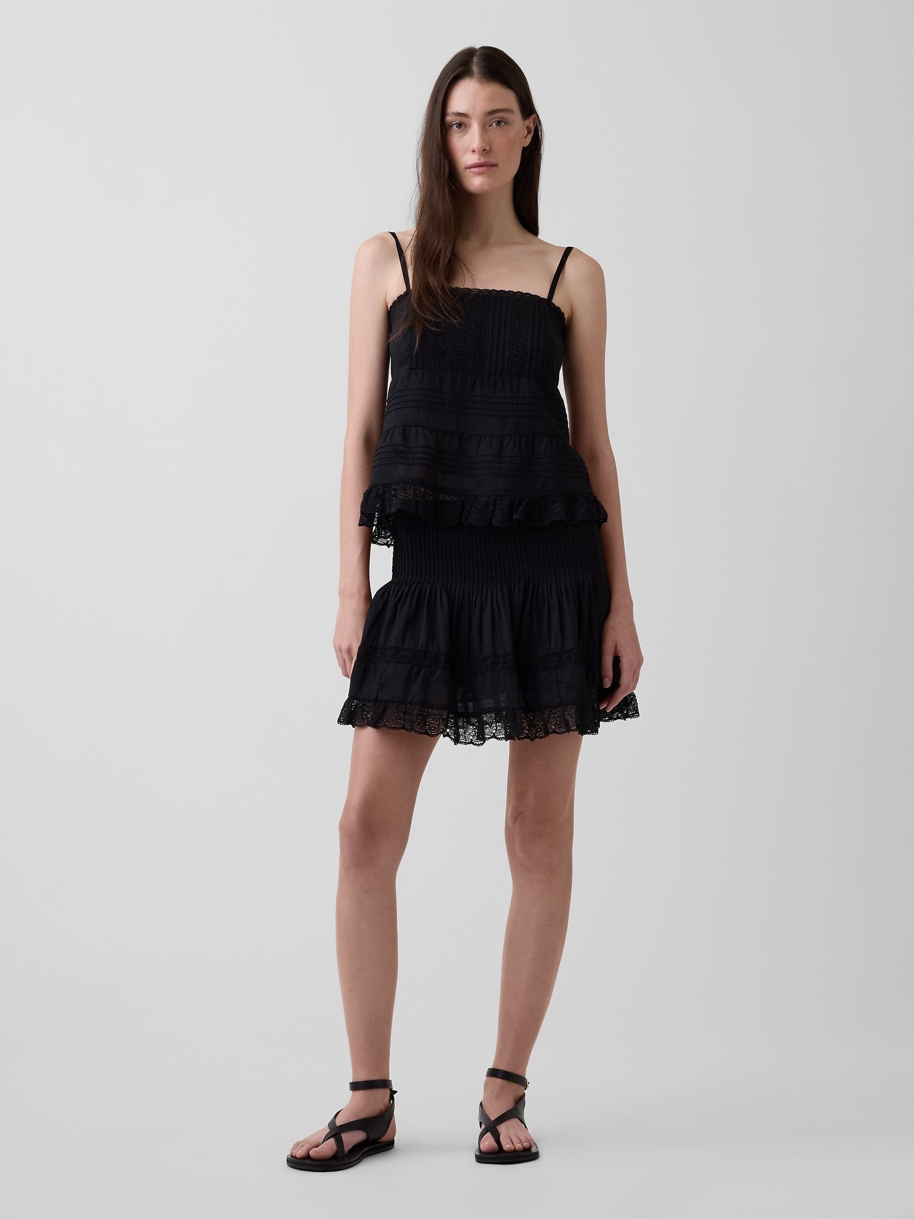 Black Pintuck Lace-Trim Easy Mini Skirt - Image 1 of 5